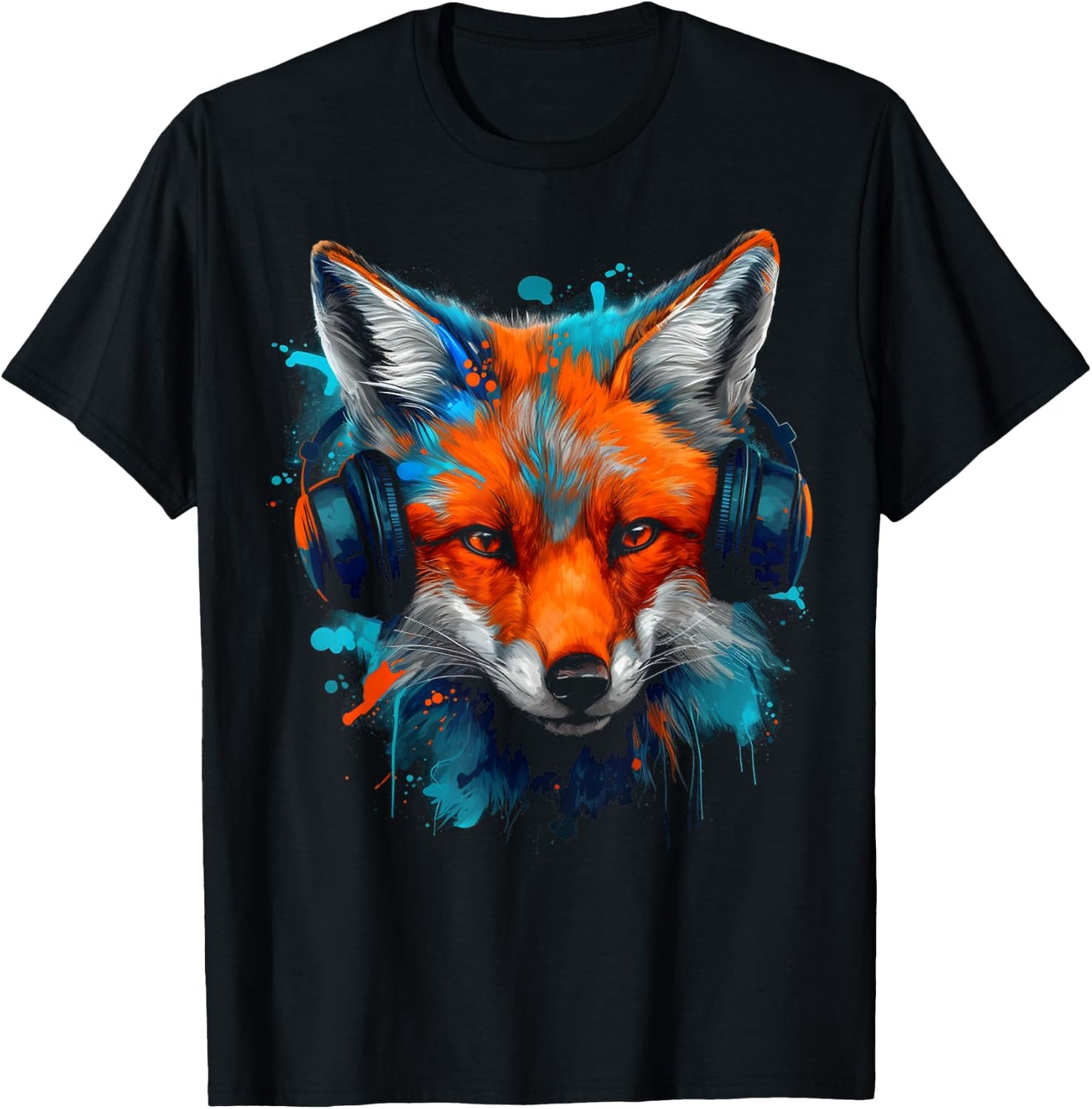 Fox Music Art Headphones Animal Fox T-Shirt - T-Shirt | Black