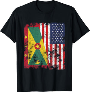 Grenada USA Flag Distressed - Half American T-Shirt - T-Shirt | Black