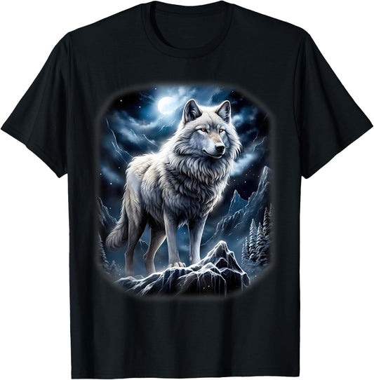 Wolf on Hill by Moon and Universe Fantasy Art Wildlife T-Shirt - T-Shirt | Black