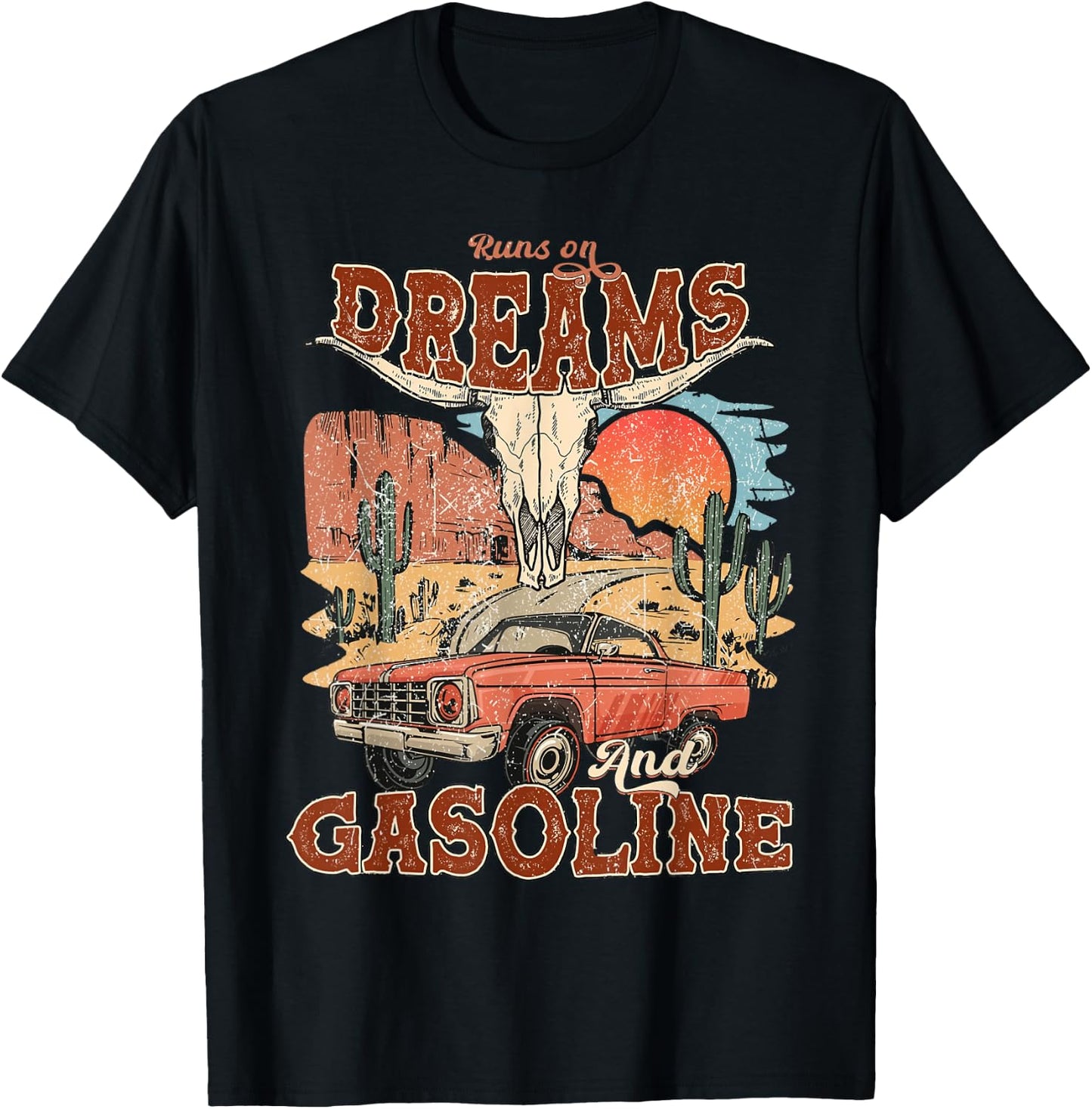 Funny Runs On Dreams And Gasoline Boho Country Music T-Shirt - T-Shirt | Black