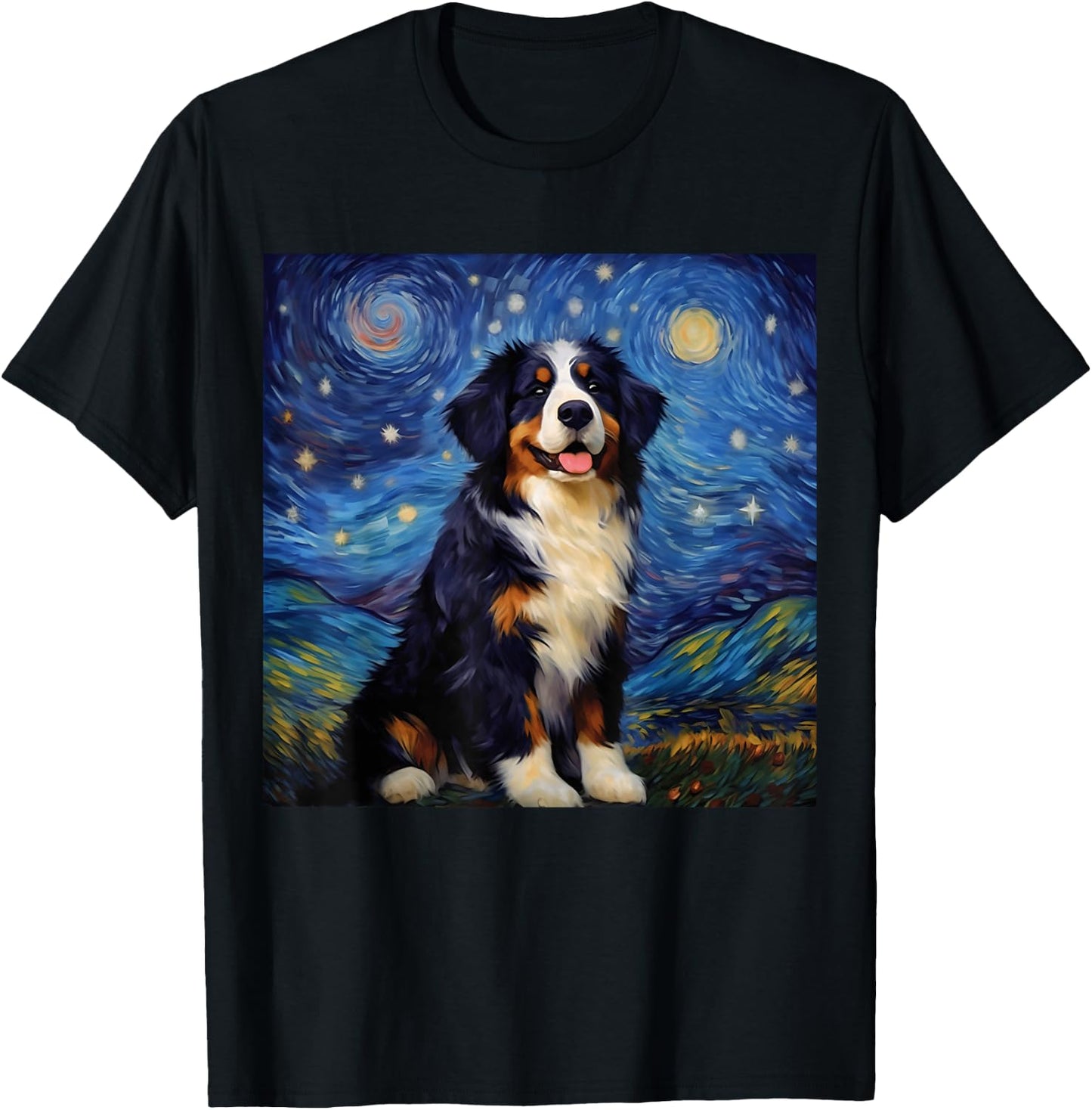 Surreal Starry Night Bernese Mountain Dog T-Shirt - T-Shirt | Black