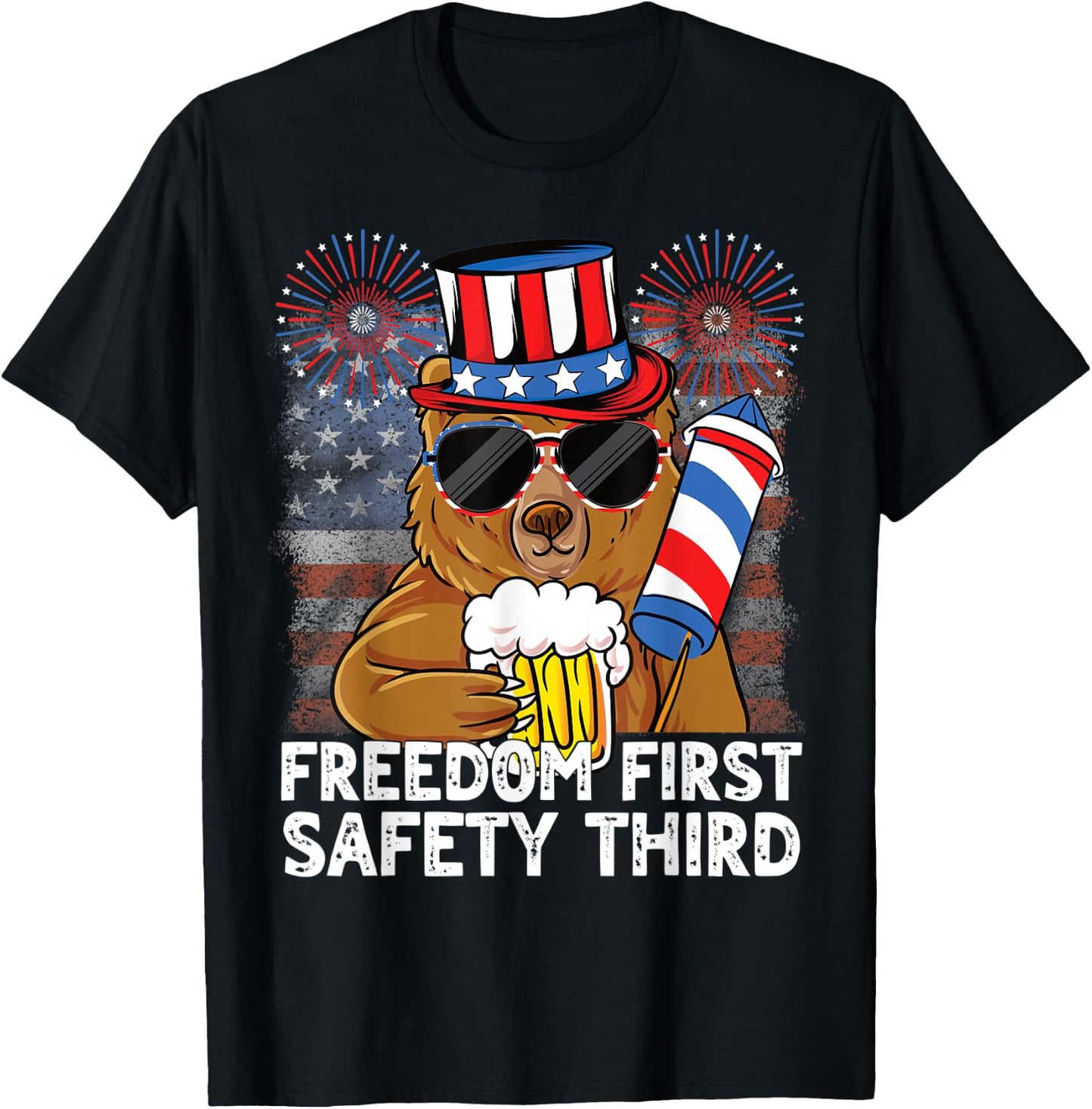 USA 4th of July Bear Beer Freedom First Safety Third T-Shirt - T-Shirt | Black