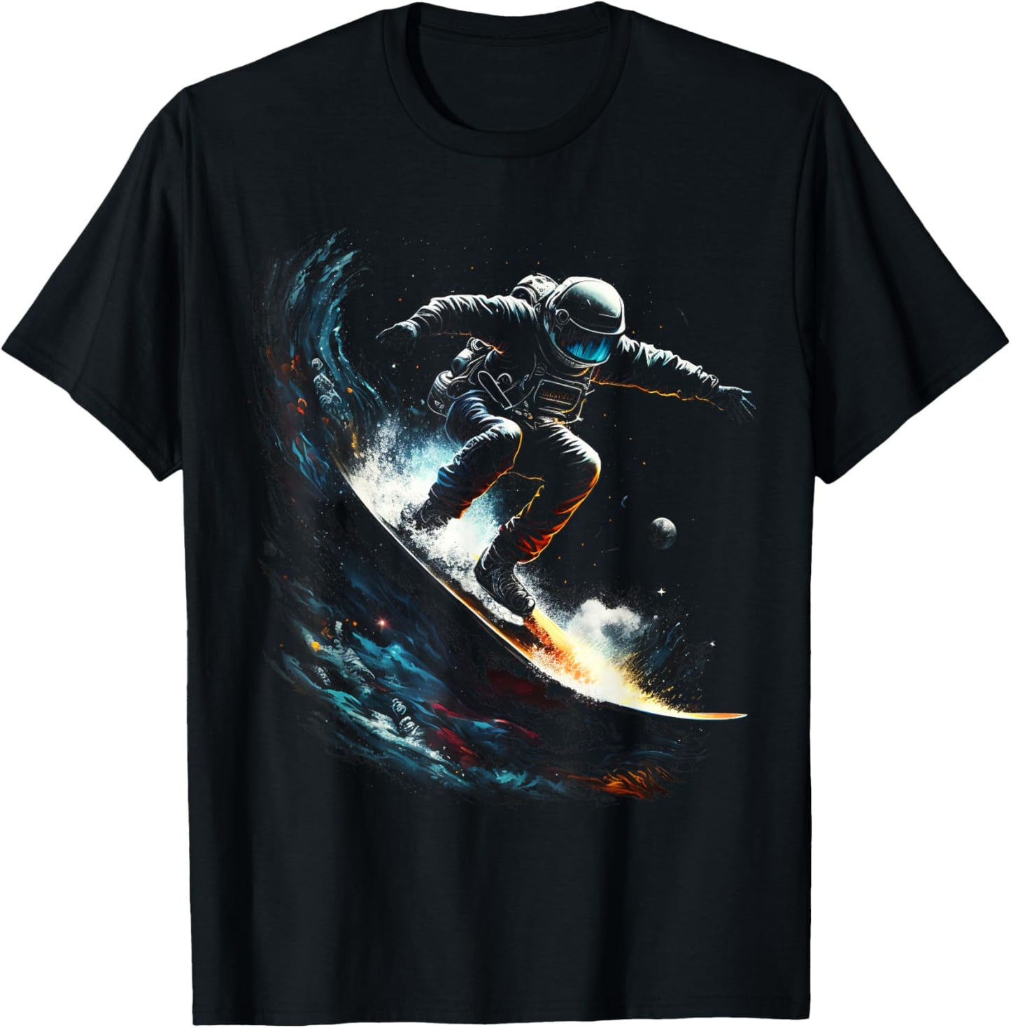 Astronaut surfs space waves, universe galaxy planets sci-fi T-Shirt - T-Shirt | Black