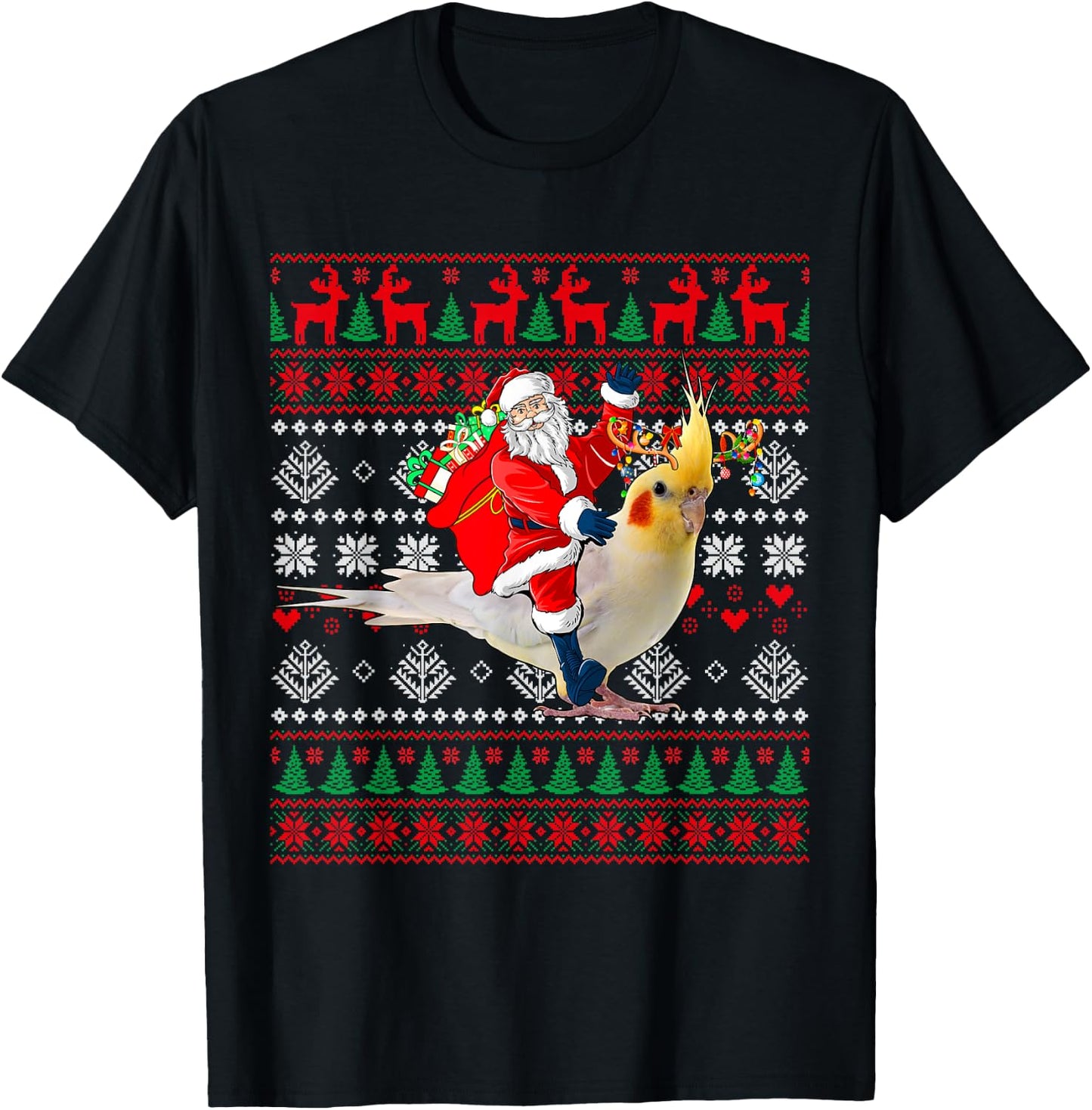 Santa Riding Reindeer Cockatiel Christmas Costume Bird Lover T-Shirt - T-Shirt | Black