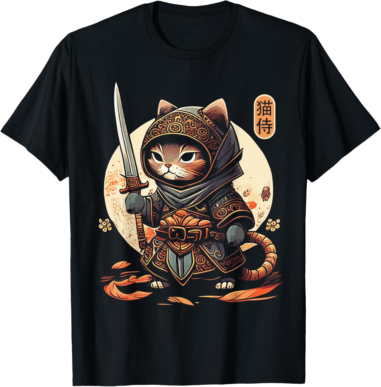 Japanese Samurai Cat Tattoo Kawaii Ninja Cat T-Shirt - T-Shirt | Black