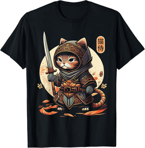 Japanese Samurai Cat Tattoo Kawaii Ninja Cat T-Shirt - T-Shirt | Black