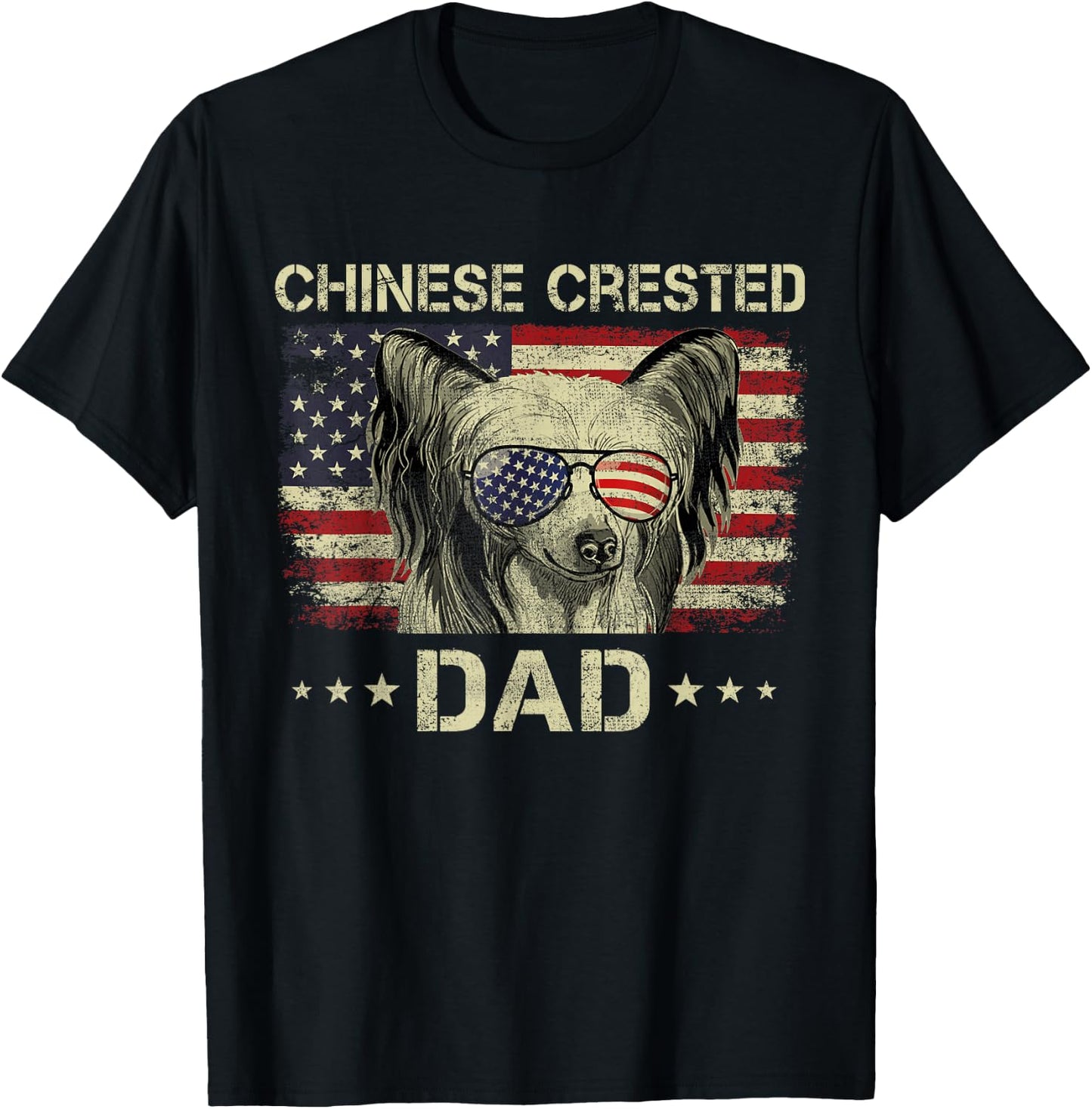 Chinese Crested Dad Dog Lovers American Flag 4th Of July Women Men T-Shirt - T-Shirt | Black