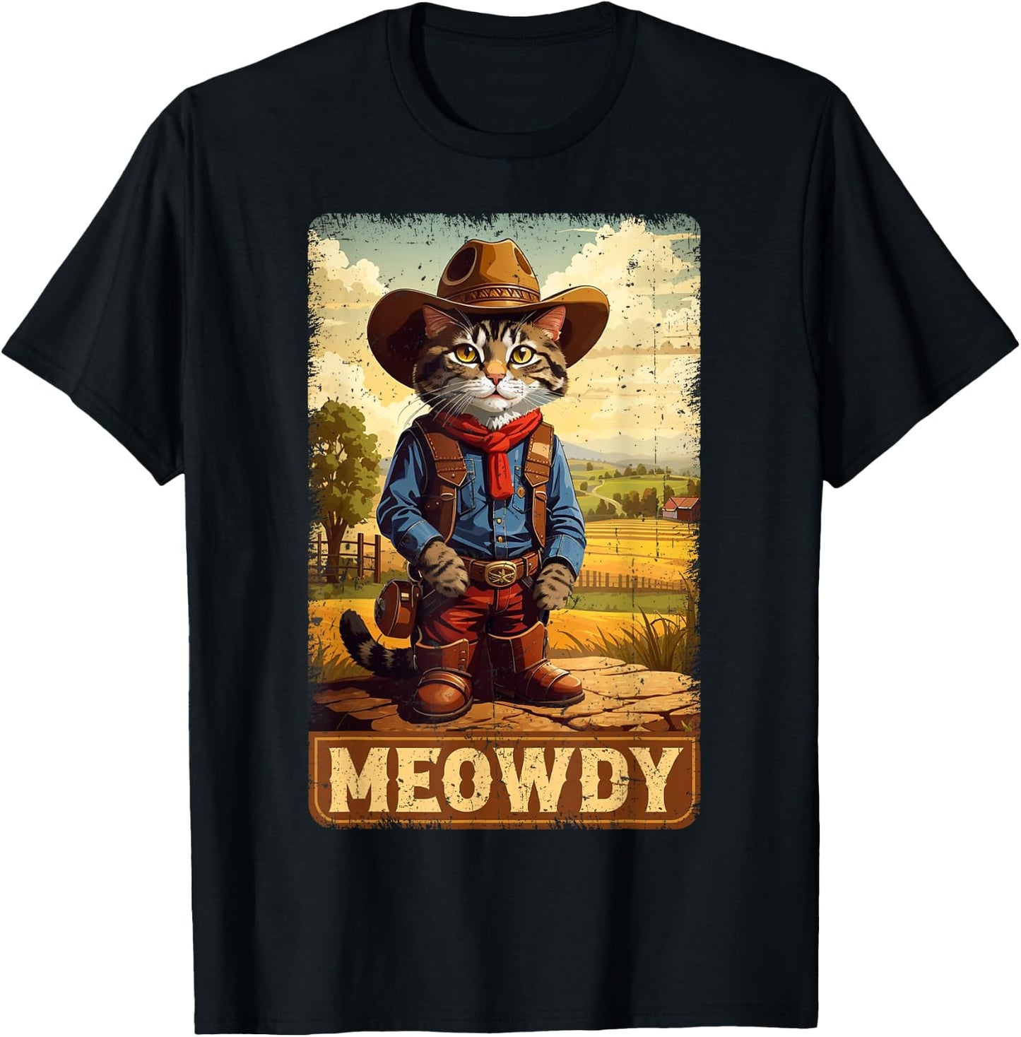 Meowdy Funny Country Side Cat Hat Vintage Cowboy Cat T-Shirt - T-Shirt | Black