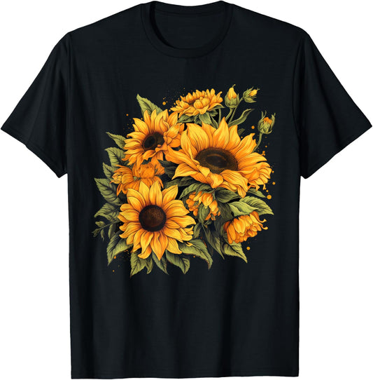 Yellow Sunflowers Cute summer flowers Floral Positivity T-Shirt - T-Shirt | Black