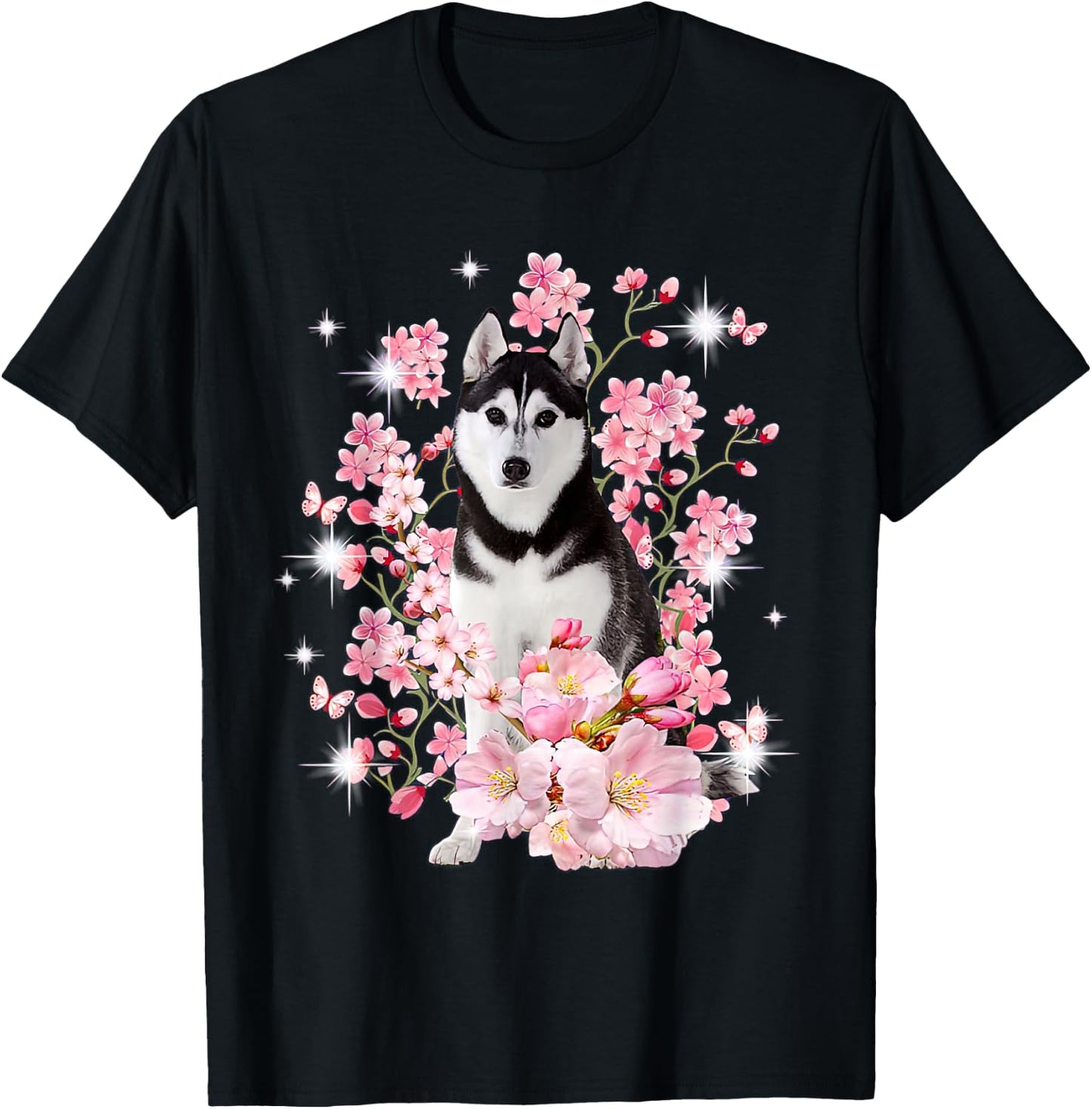 Husky Dog Japanese Cherry Blossom Sakura Flower T-Shirt - T-Shirt | Black