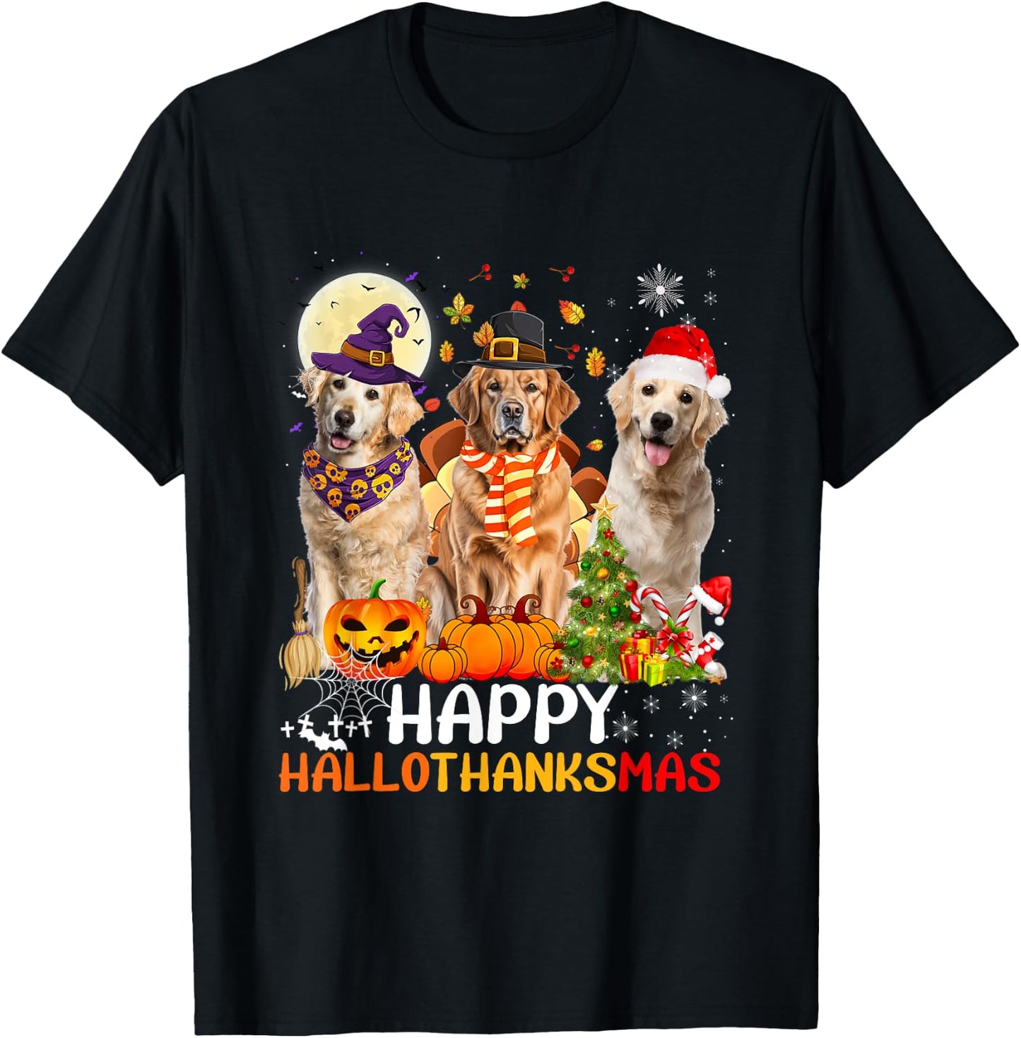 Cute Golden Retriever Happy Hallothanksmas Halloween Xmas T-Shirt - T-Shirt | Black