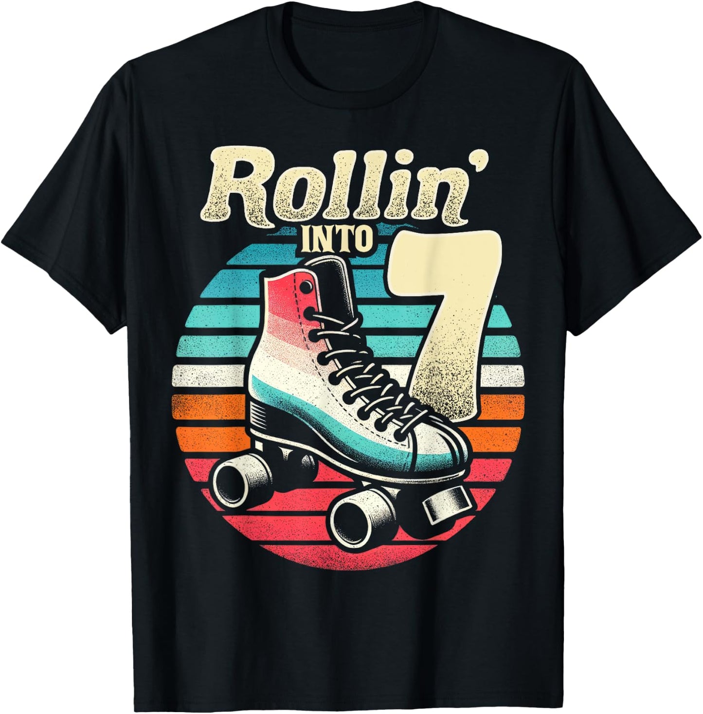 Roller Skating 7th Birthday Party Girls Boys Rollin into 7 T-Shirt - T-Shirt | Black