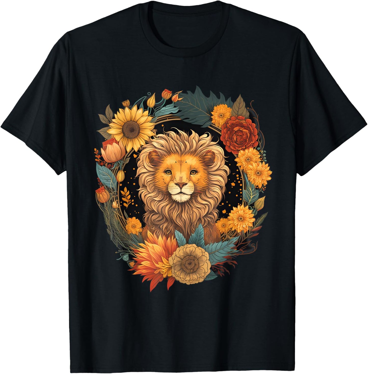 Sunflower Hippie Floral Lion T-Shirt - T-Shirt | Black