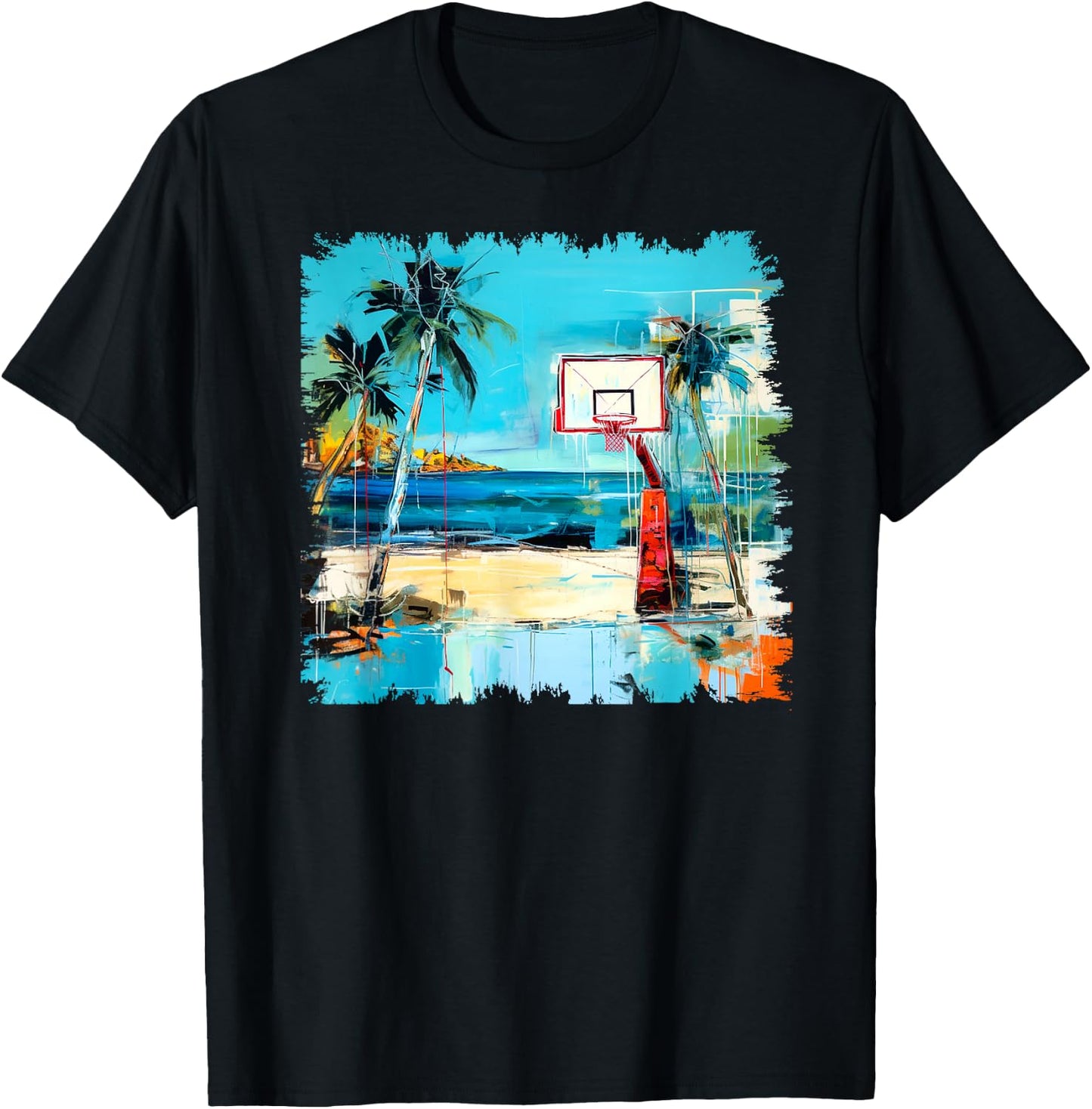 Basketball Hoop Tropical Sea Beach Stylish Street Art Design T-Shirt - T-Shirt | Black