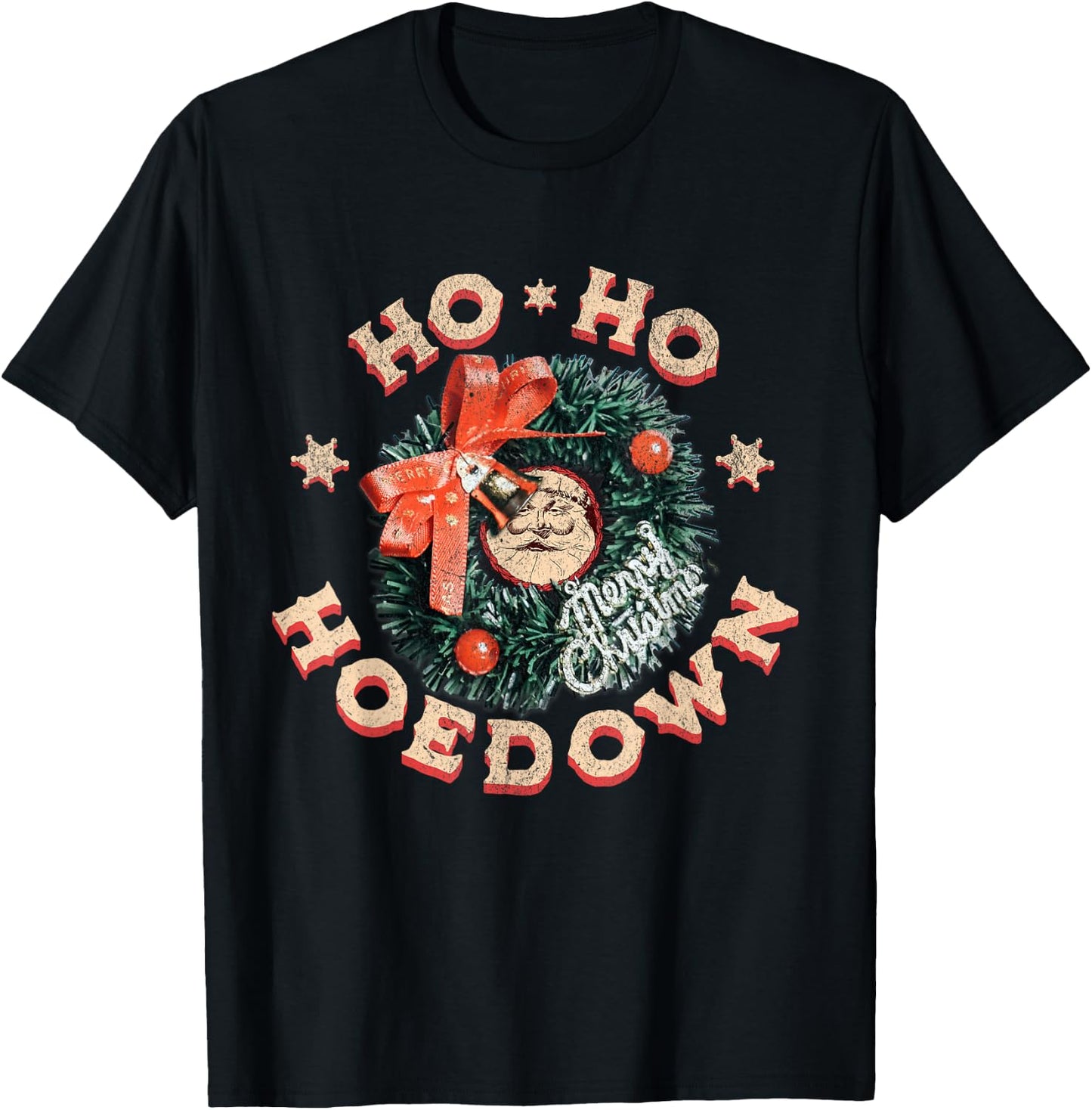Ho Ho Hoedown Santa Jingle Bells Vintage Western Christmas T-Shirt - T-Shirt | Black