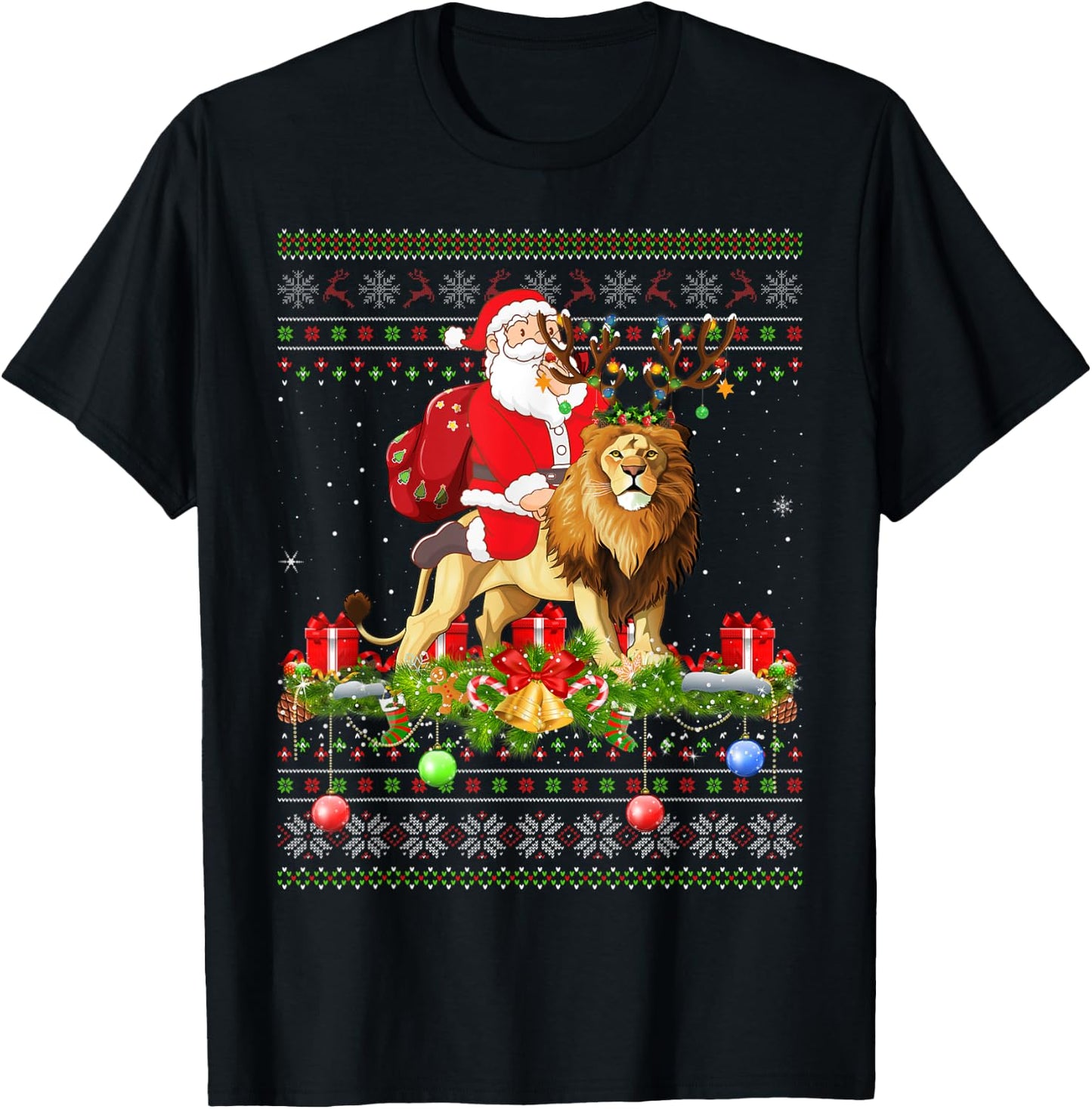 Lion Lover Ugly Santa Riding Lion Christmas T-Shirt - T-Shirt | Black