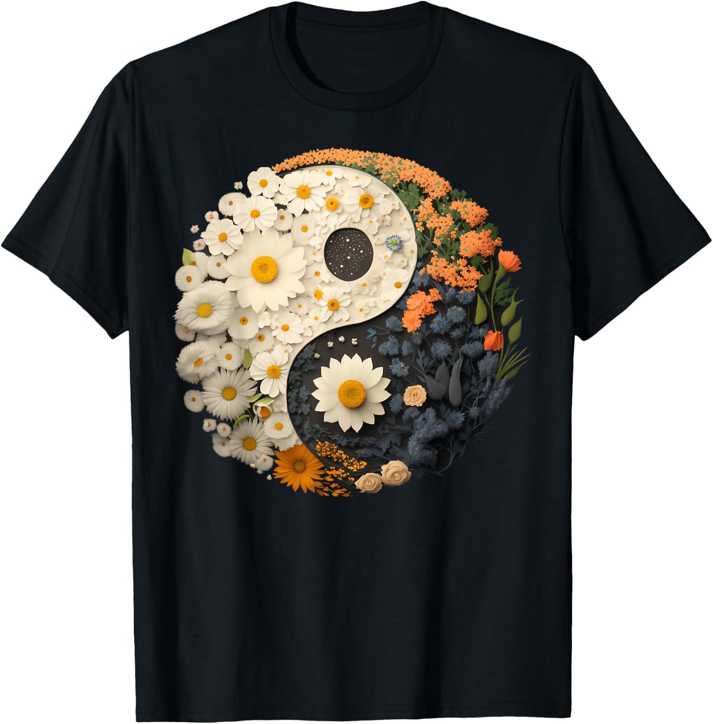 Floral Taoism Yin Yang Symbol on Flower Taijitu Yin Yang T-Shirt - T-Shirt | Black