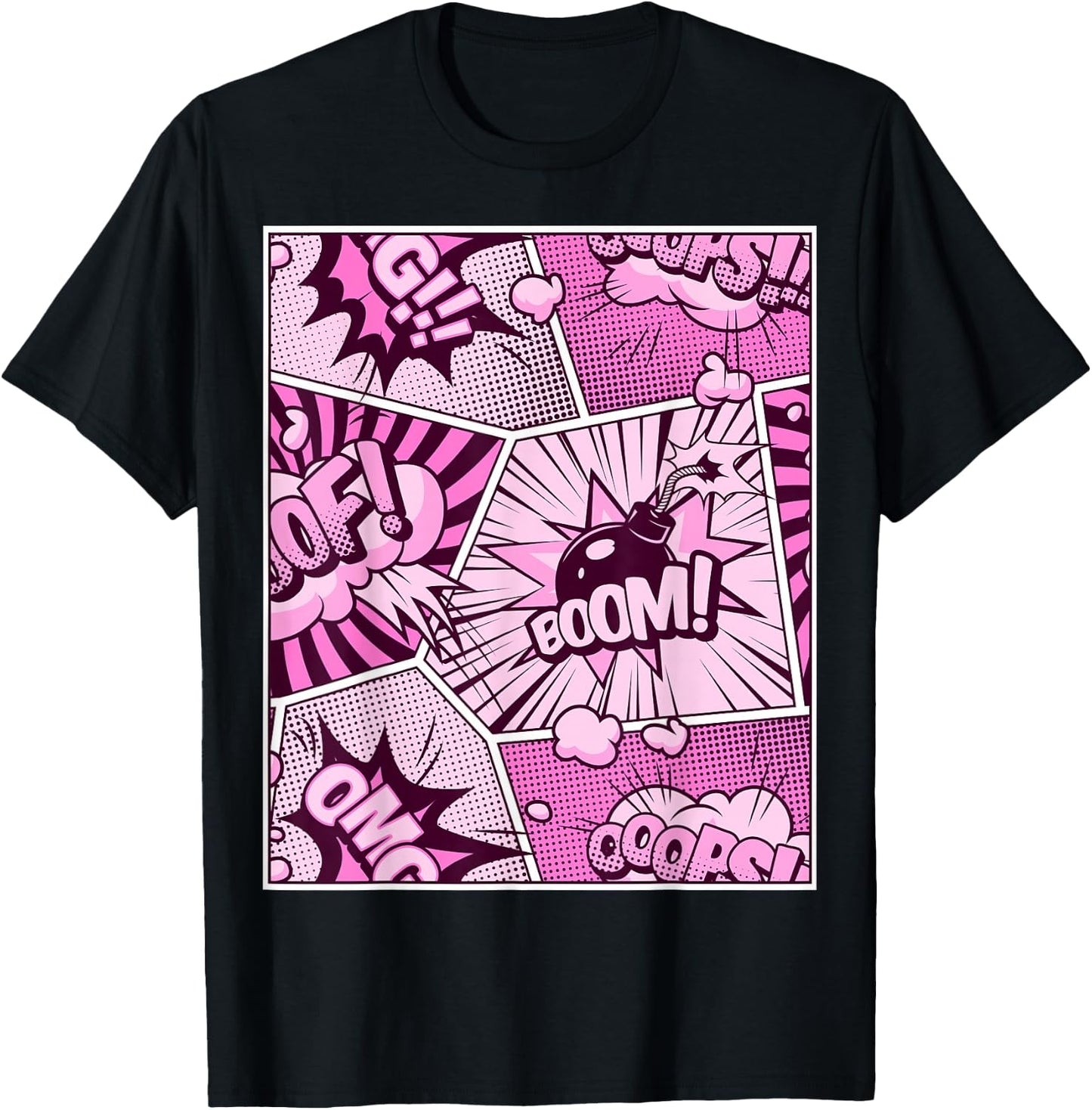 Comic Book Pink Color Graphic T-Shirt - T-Shirt | Black