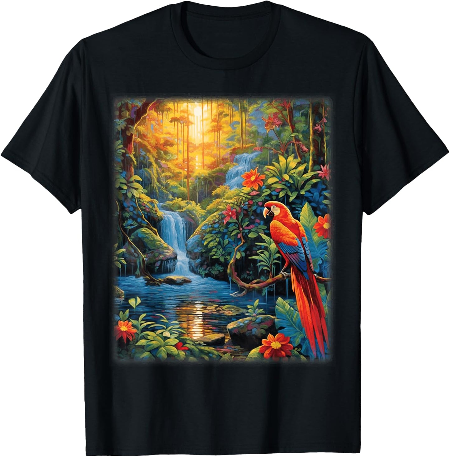Colorful Parrots Rain Forest Jungle Macaw Parrot Men Women T-Shirt - T-Shirt | Black