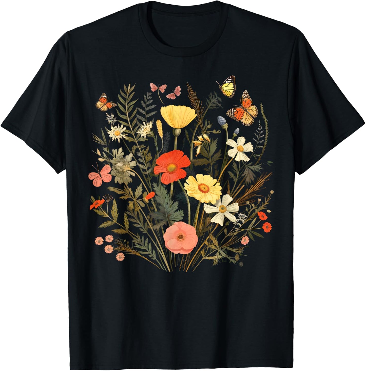 Vintage Pressed Flowers Butterflies Floral Boho Wildflowers T-Shirt - T-Shirt | Black