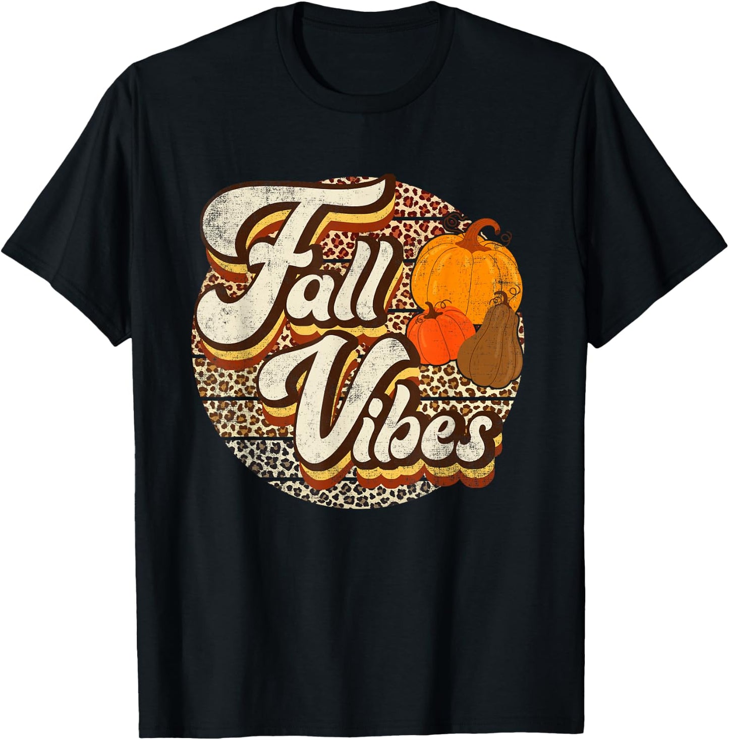 Retro Groovy Fall Vibes Leopard Thanksgiving Autumn T-Shirt - T-Shirt | Black