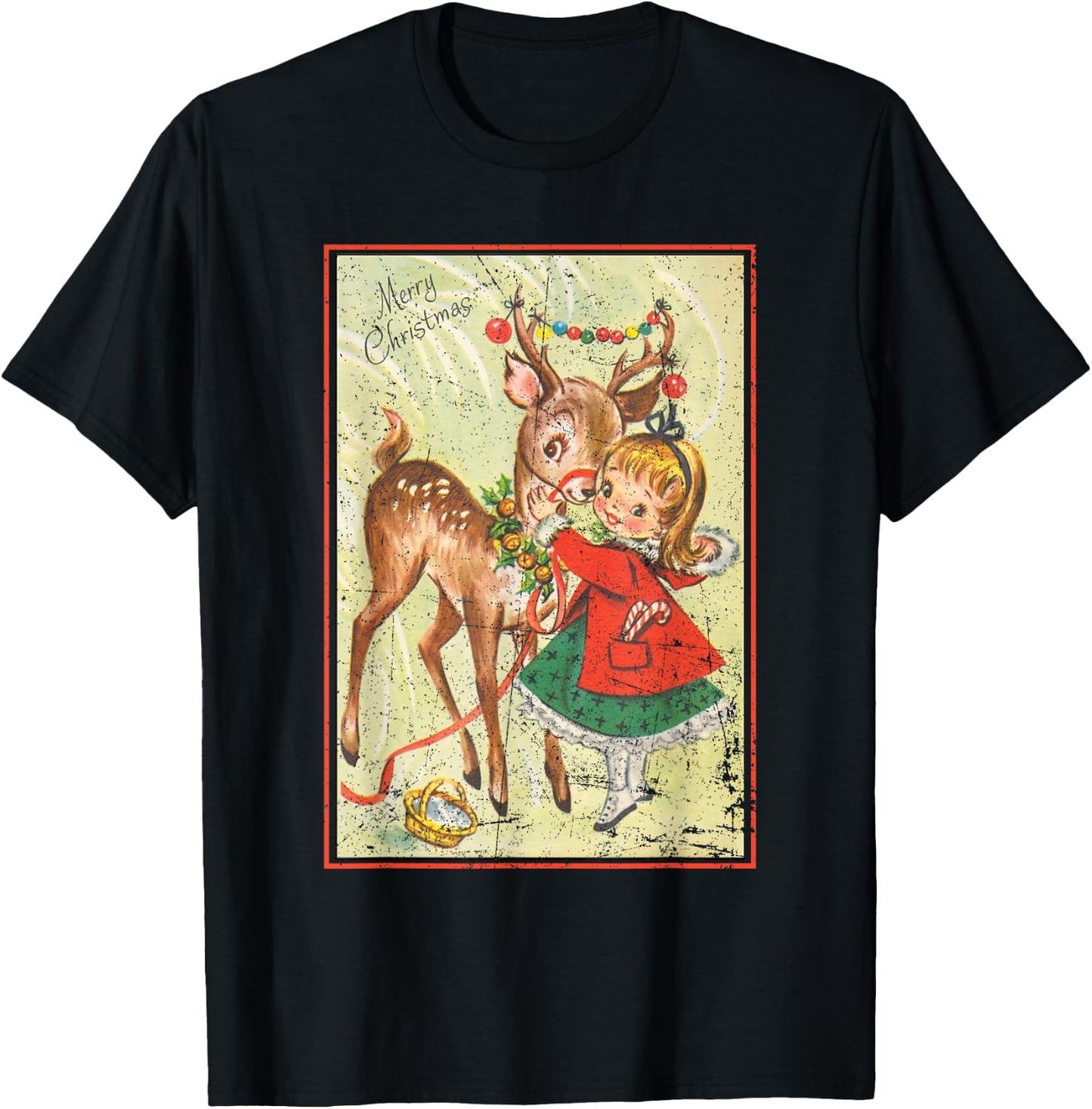 Vintage Pin Up Little Girl Reindeer Retro 1950s Christmas T-Shirt - T-Shirt | Black