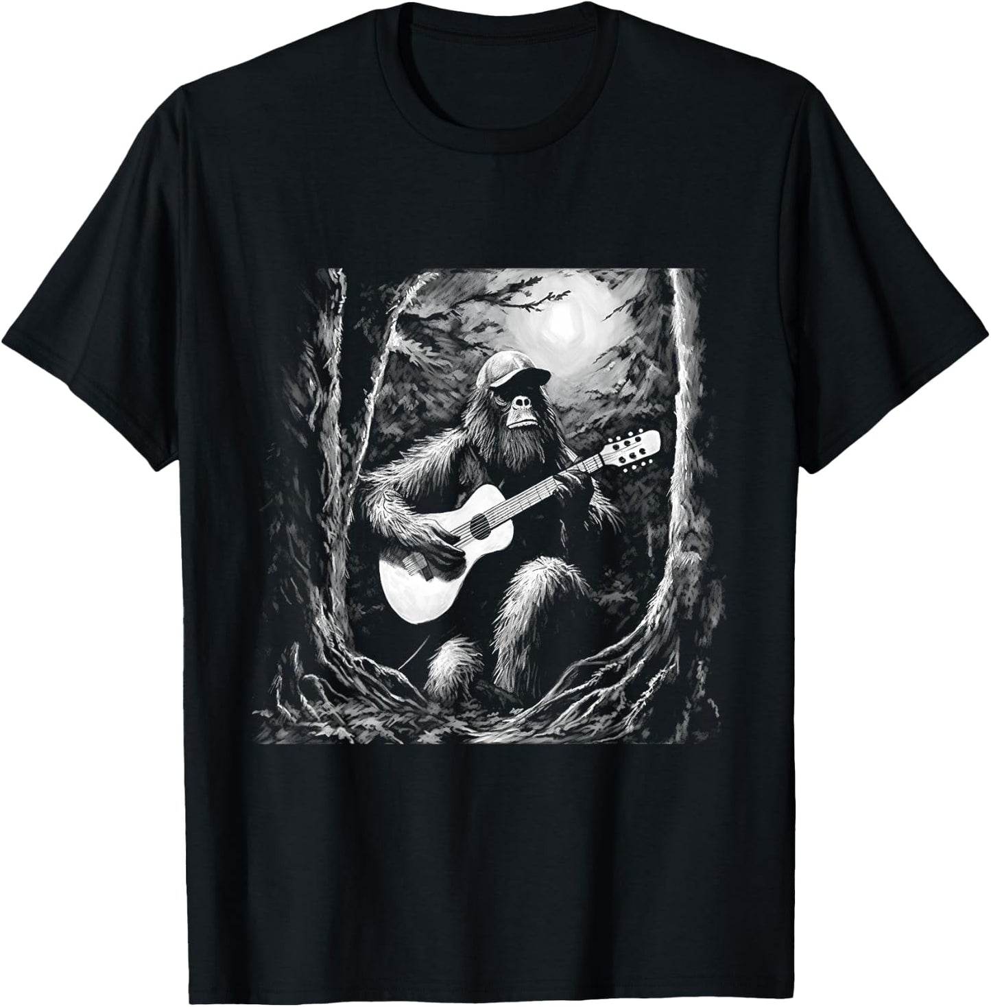 Bigfoot Playing Acoustic Guitar Funny Sasquatch Big Foot T-Shirt - T-Shirt | Black