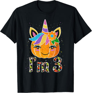 3 Years Old Unicorn Pumpkin Cute Design Birthday Halloween T-Shirt - T-Shirt | Black