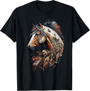 Bohemian Horse Portrait Horseback Native Equestrian Themed T-Shirt - T-Shirt | Black