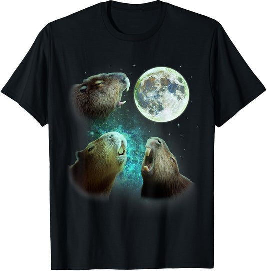 Three Capybaras Howl At Moon 3 Wolfs - Wolves Parody T-Shirt - T-Shirt | Black