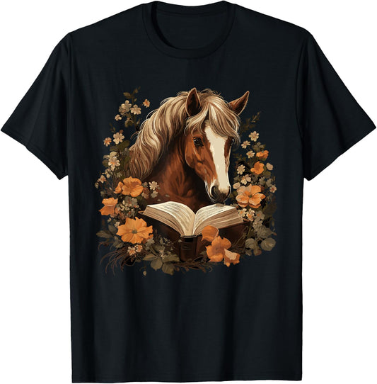 Cottagecore Horse Reading Aesthetic Book Outfit T-Shirt - T-Shirt | Black
