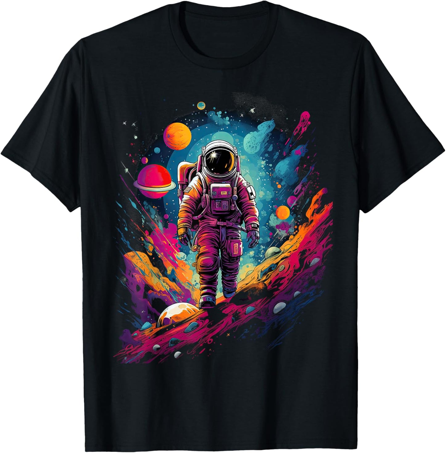 Astronaut in Space with Planets in Galaxies T-Shirt - T-Shirt | Black