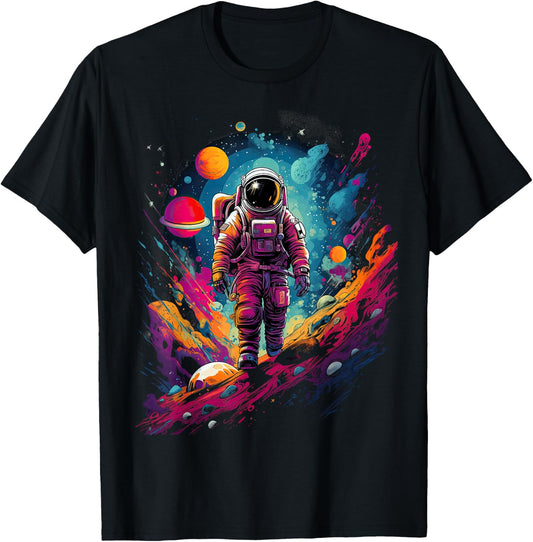 Astronaut in Space with Planets in Galaxies T-Shirt - T-Shirt | Black