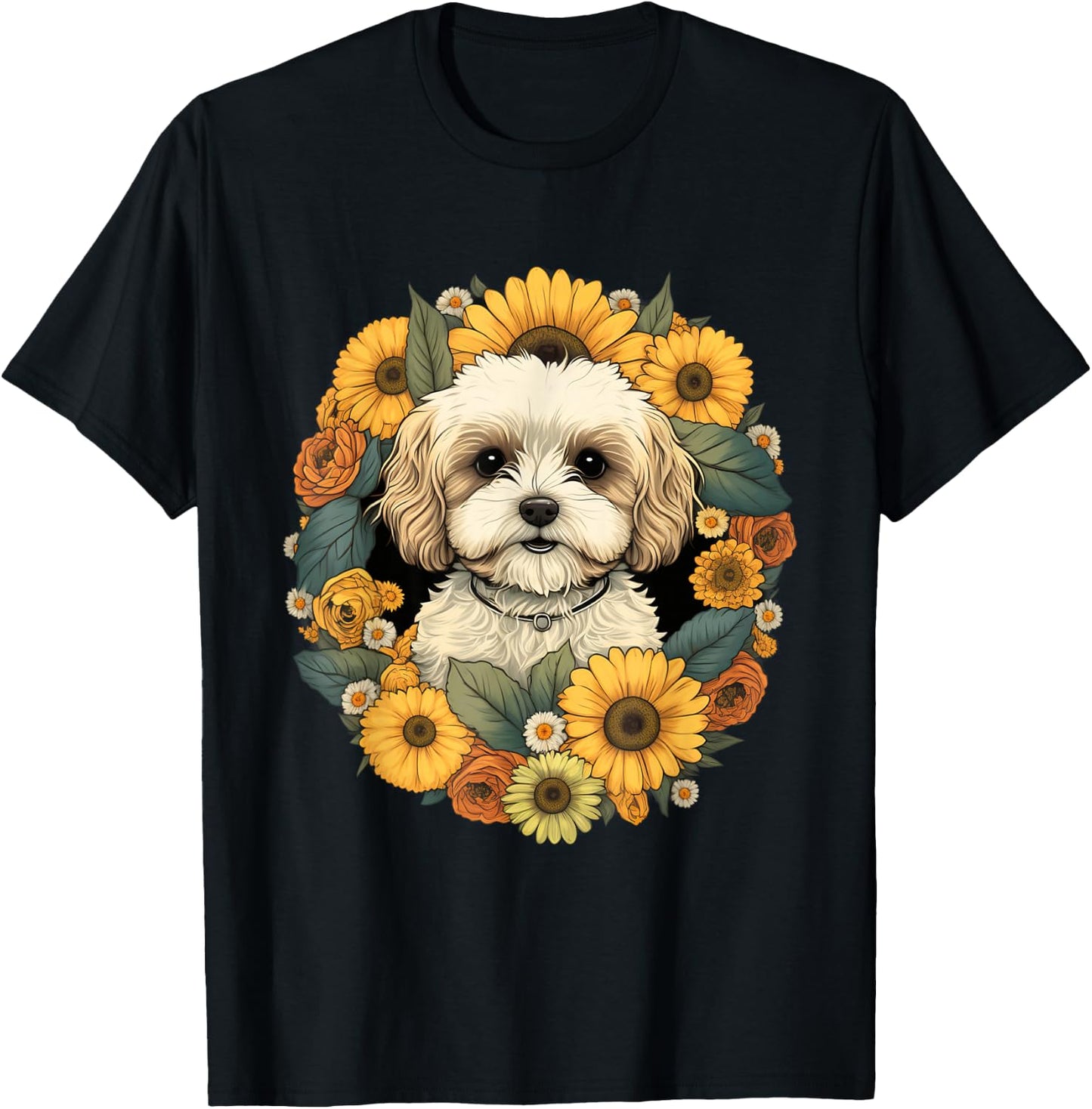 Sunflower Hippie Floral Cavachon Dog T-Shirt - T-Shirt | Black