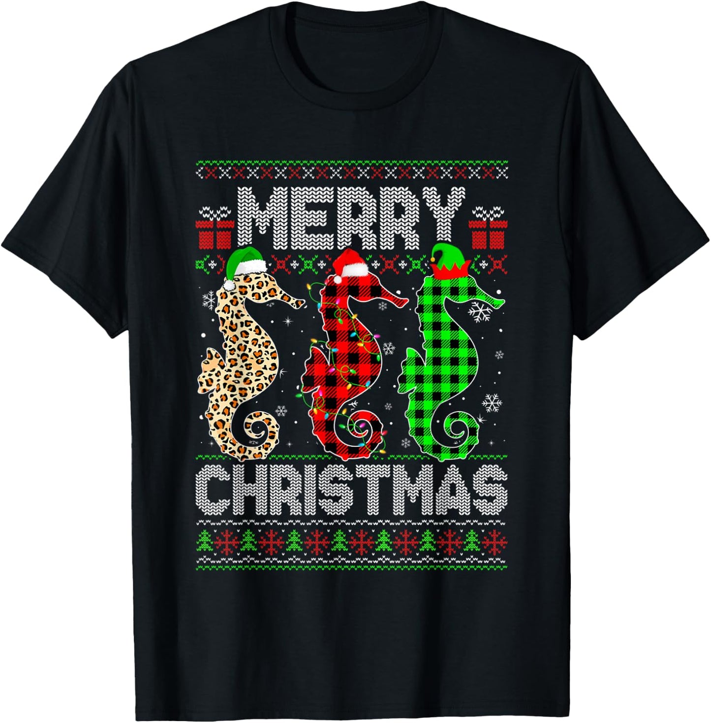 Merry Christmas Seahorse Xmas Leopard Plaid Santa Elf T-Shirt - T-Shirt | Black
