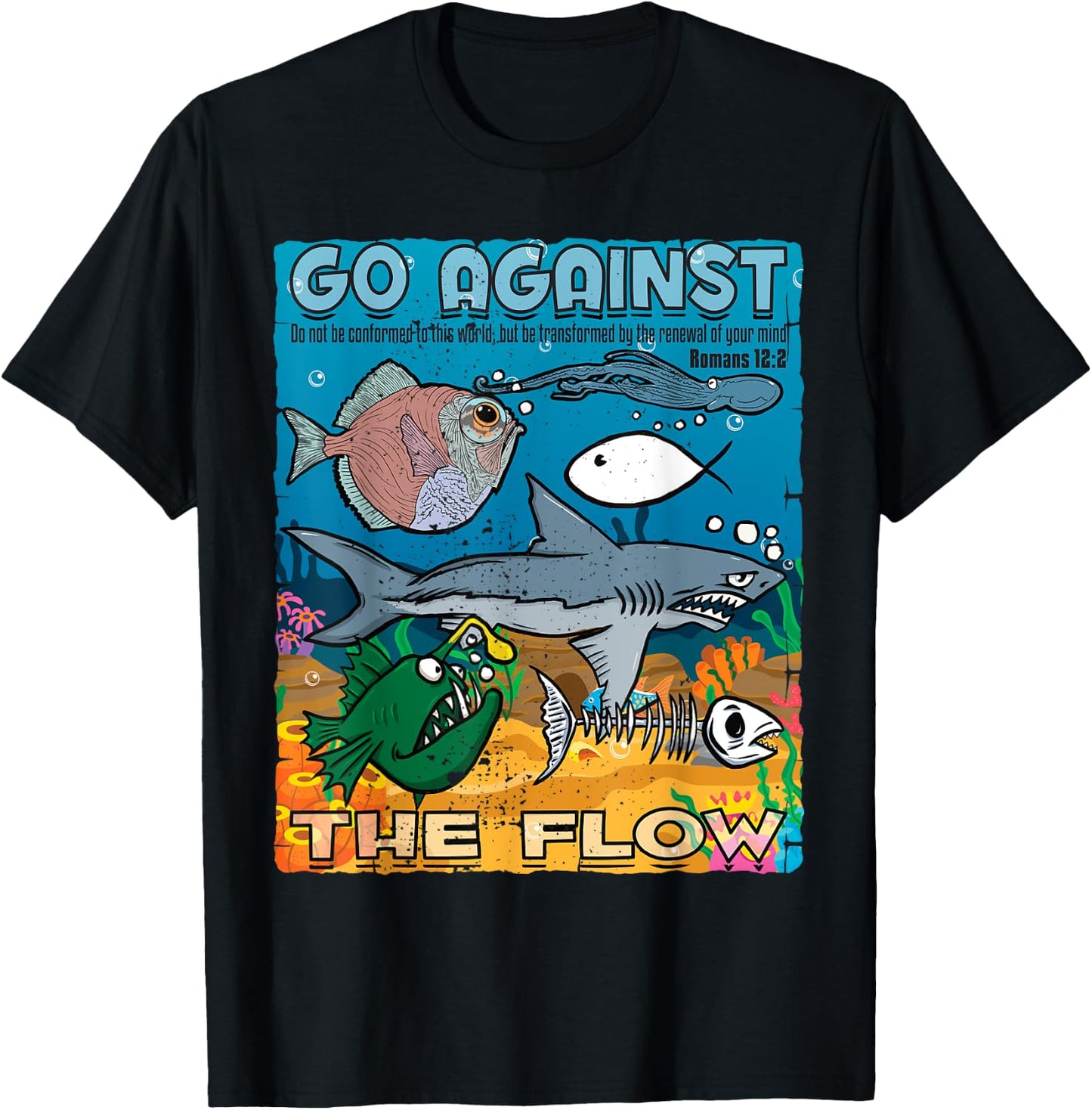 Go Against The Flow Christian Gospel Fish & Woman T-Shirt - T-Shirt | Black