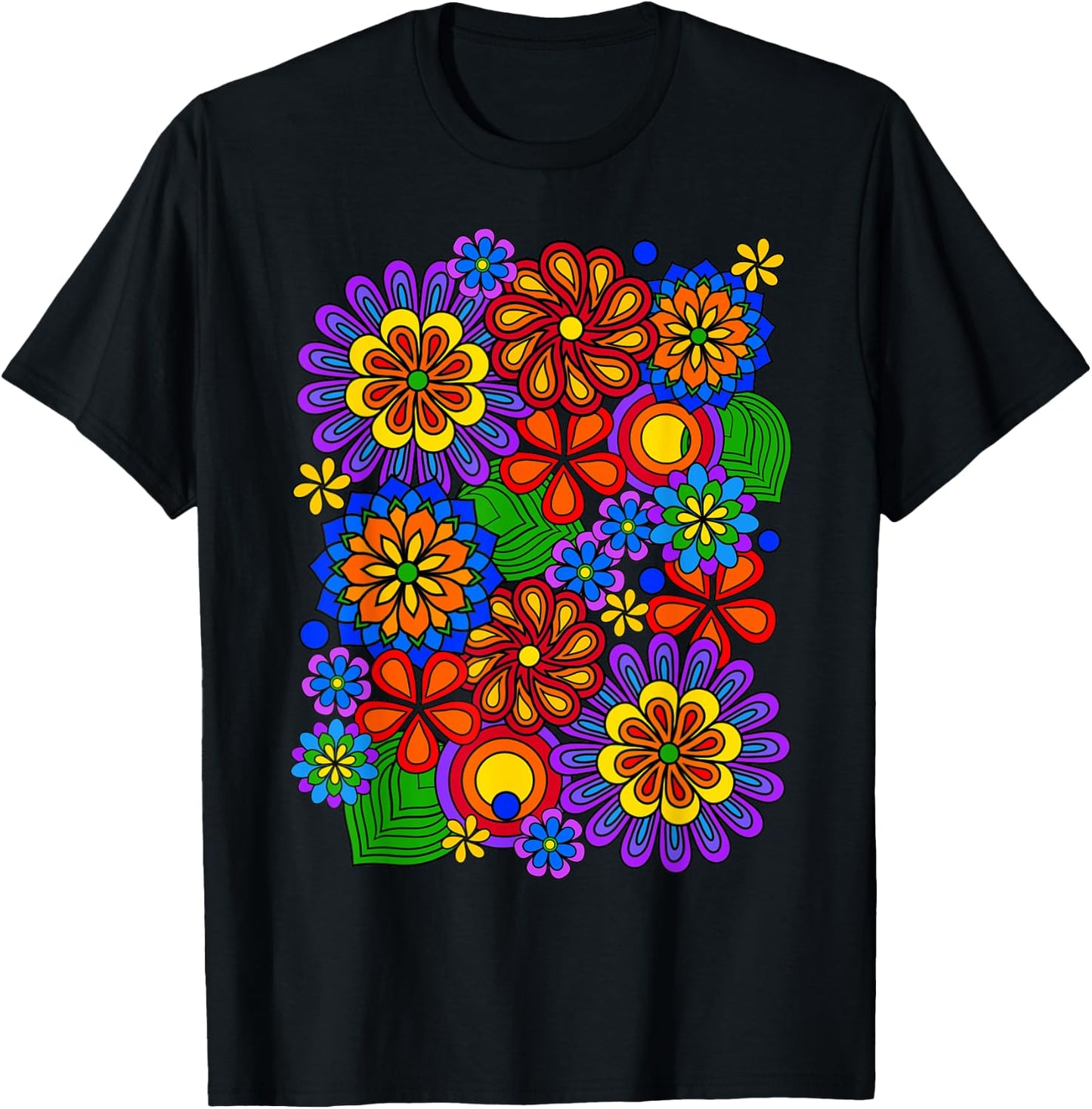 Colorful Rainbow Retro Flower Power Art T-Shirt - T-Shirt | Black