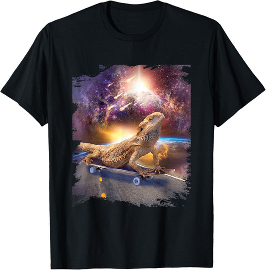 Lizard Bearded Dragon On Skateboard In Space T-Shirt - T-Shirt | Black