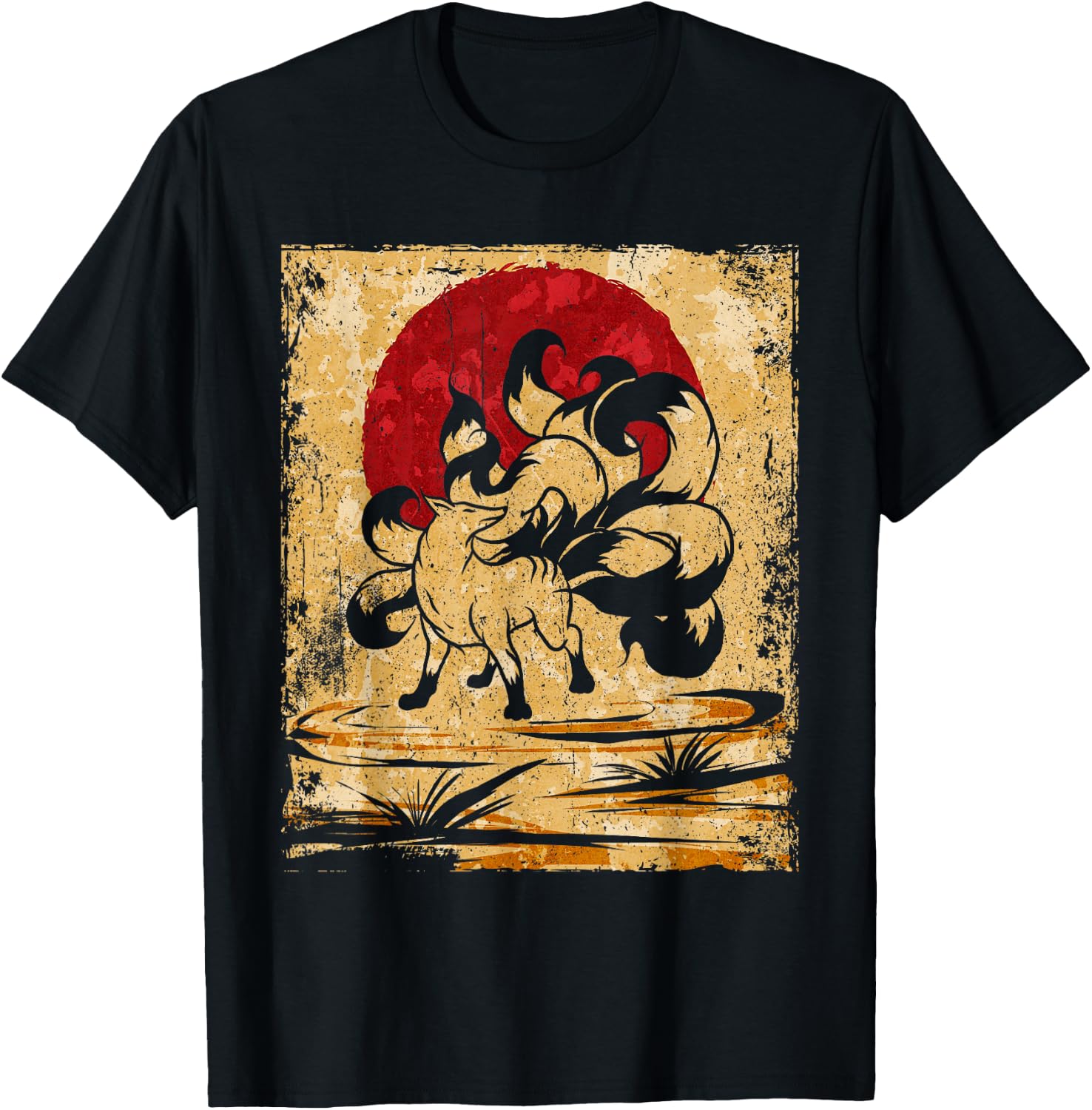 Nine Tailed Fox Japanese Art Retro T-Shirt - T-Shirt | Black