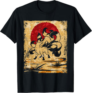 Nine Tailed Fox Japanese Art Retro T-Shirt - T-Shirt | Black