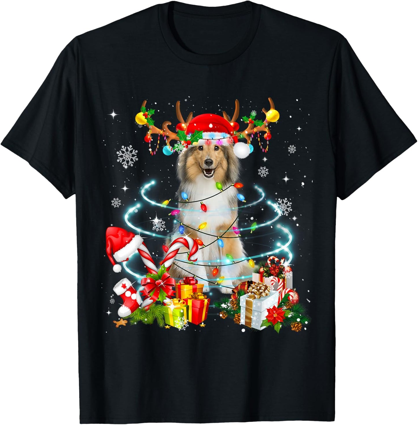 Sheltie Reindeer Christmas Tree Lights Pajama Dog Xmas T-Shirt - T-Shirt | Black