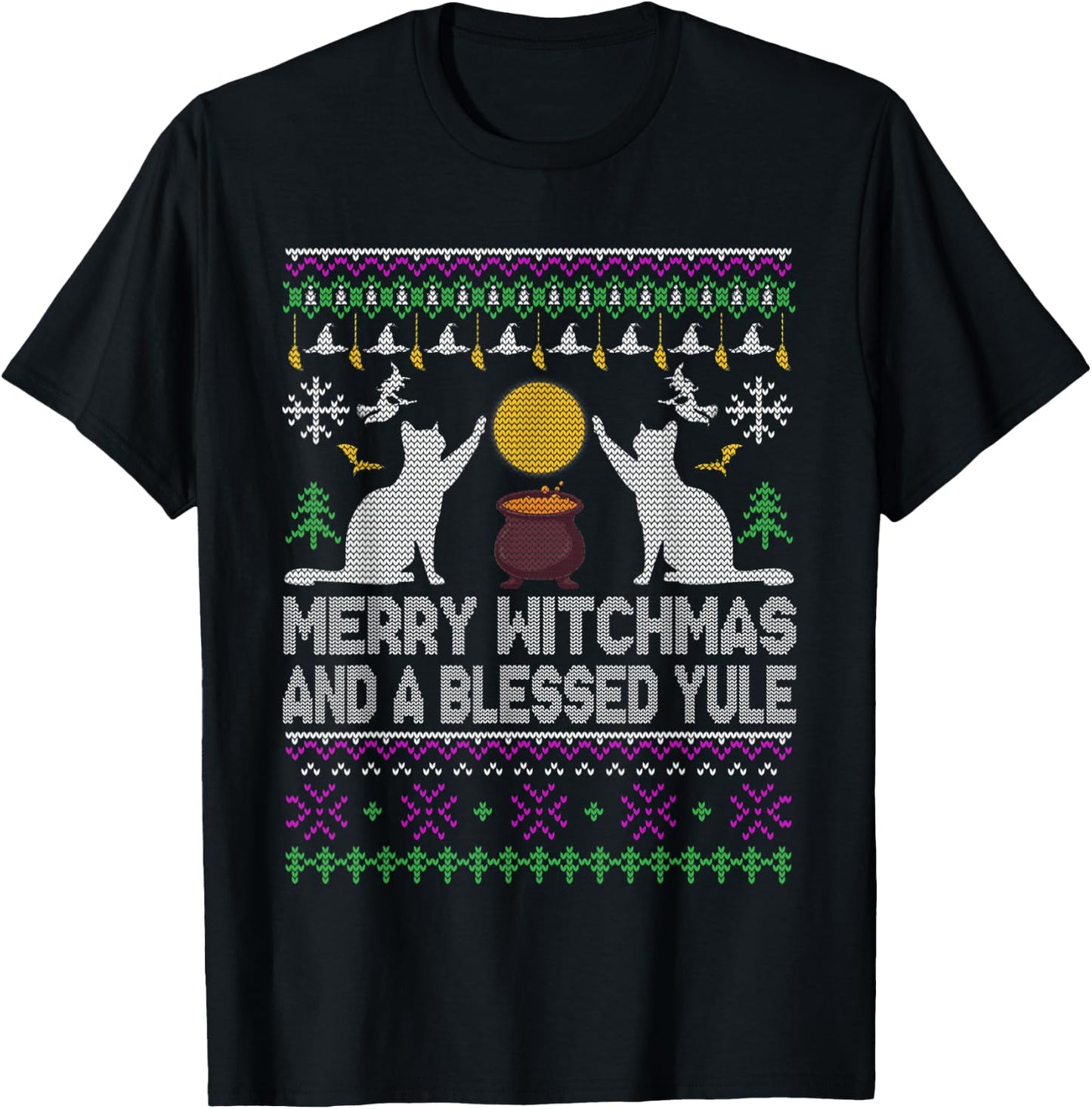 Merry Witchmas Cat Lover Ugly Christmas Sweaters T-Shirt - T-Shirt | Black