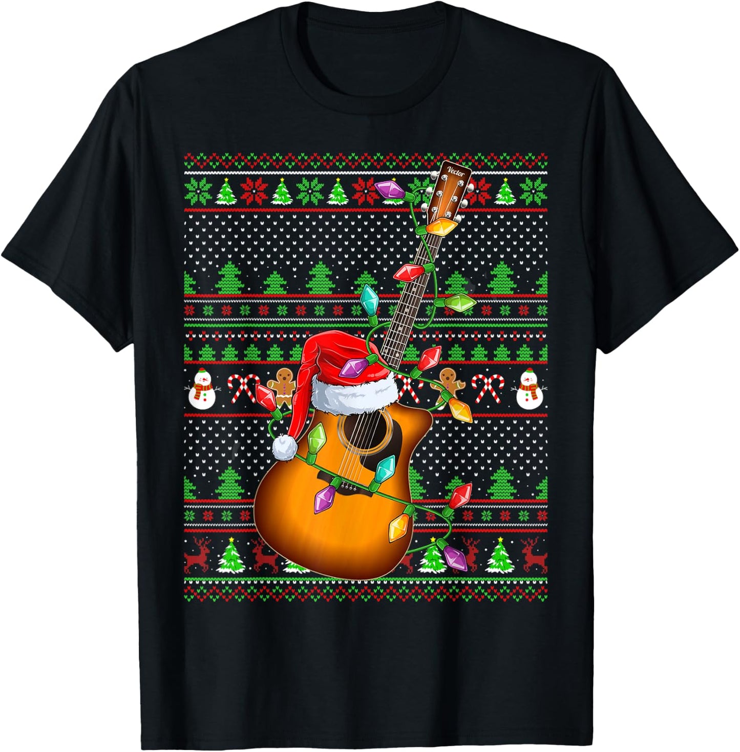 Ugly Xmas Sweater Style Lighting Guitar Christmas T-Shirt - T-Shirt | Black