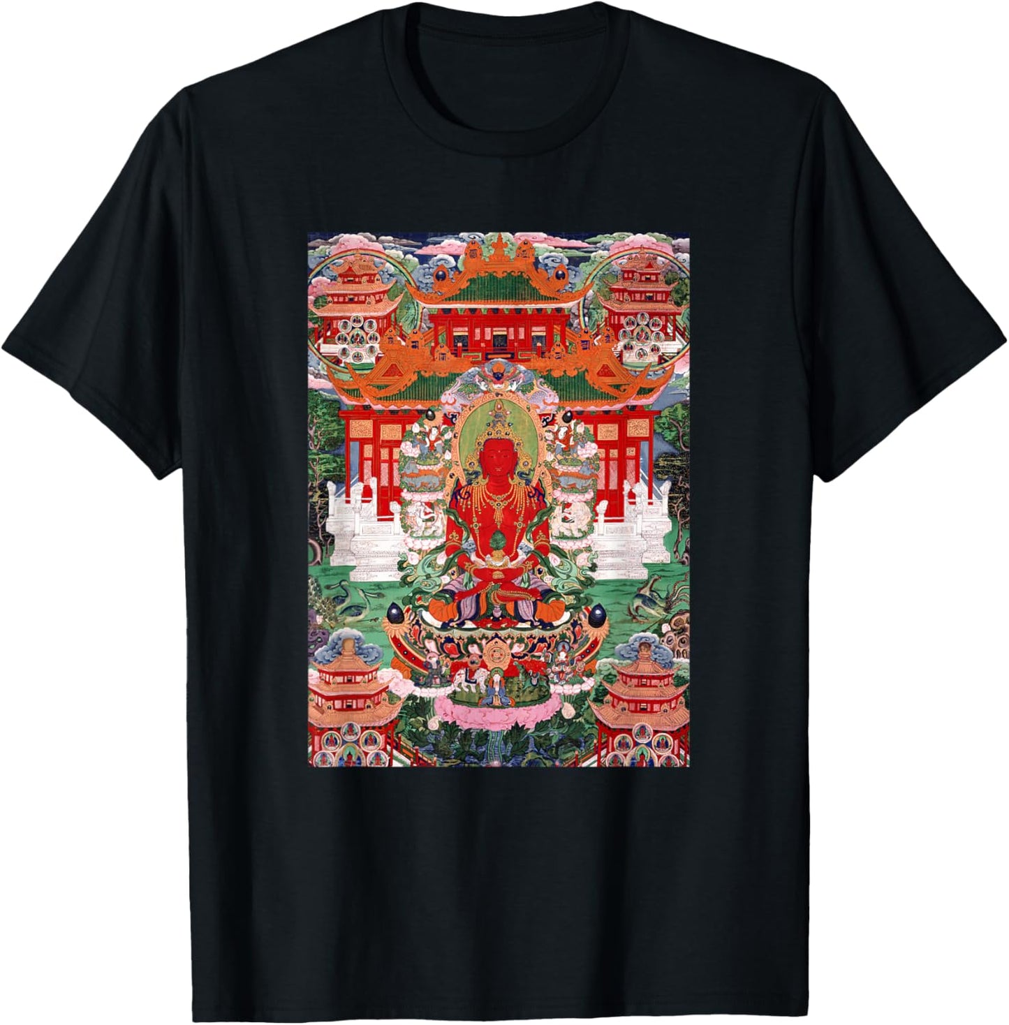 Buddha Amitayus in His Pure Land Tibetan Buddhist Thangka T-Shirt - T-Shirt | Black