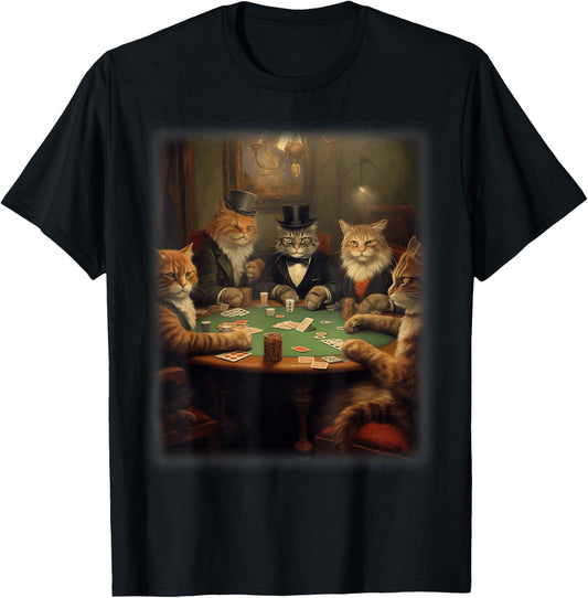 Cats Playing Poker | A Friend in Need | Funny Cat Lover Art T-Shirt - T-Shirt | Black