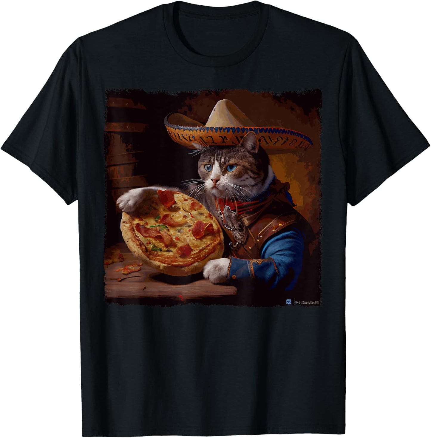 Funny Cat Cowboy Pizza T-Shirt - T-Shirt | Black