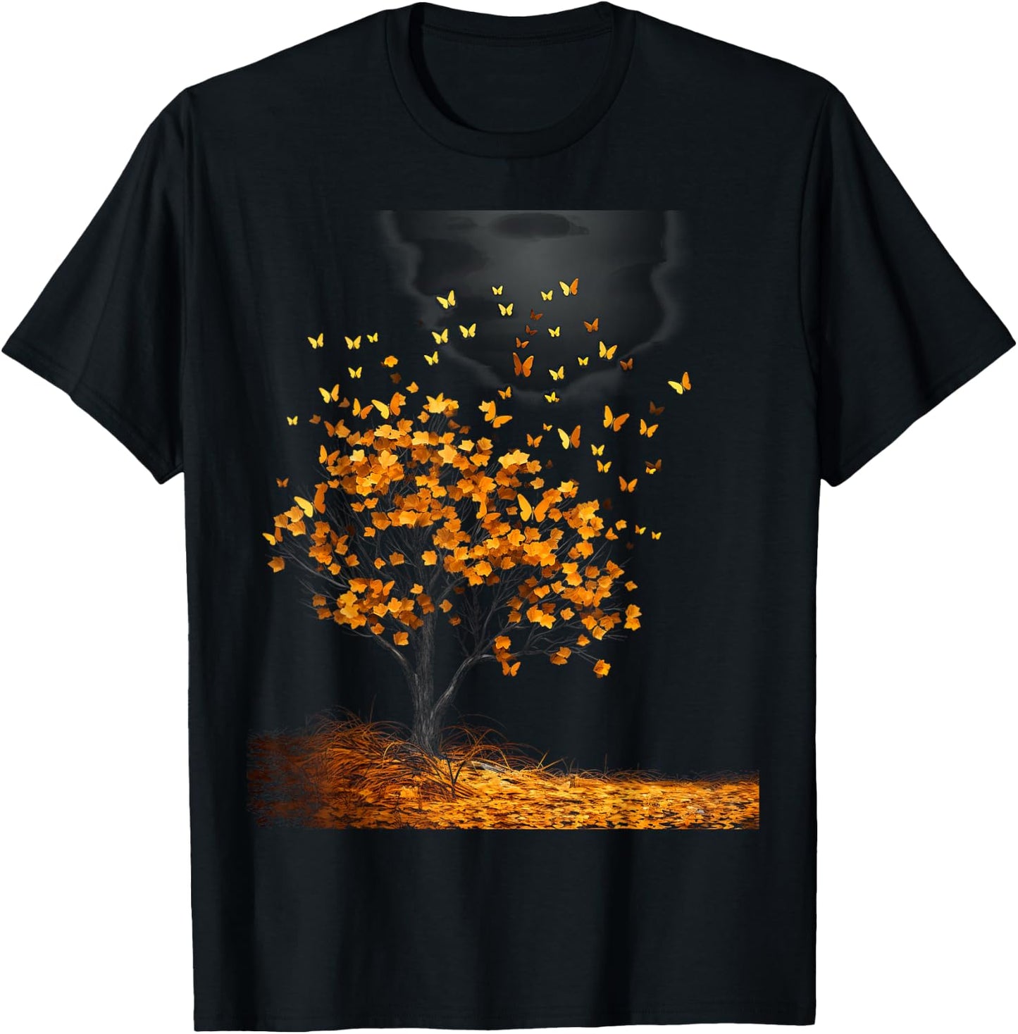 Fall Autumn falling leaves with Tree and Butterfly T-Shirt - T-Shirt | Black