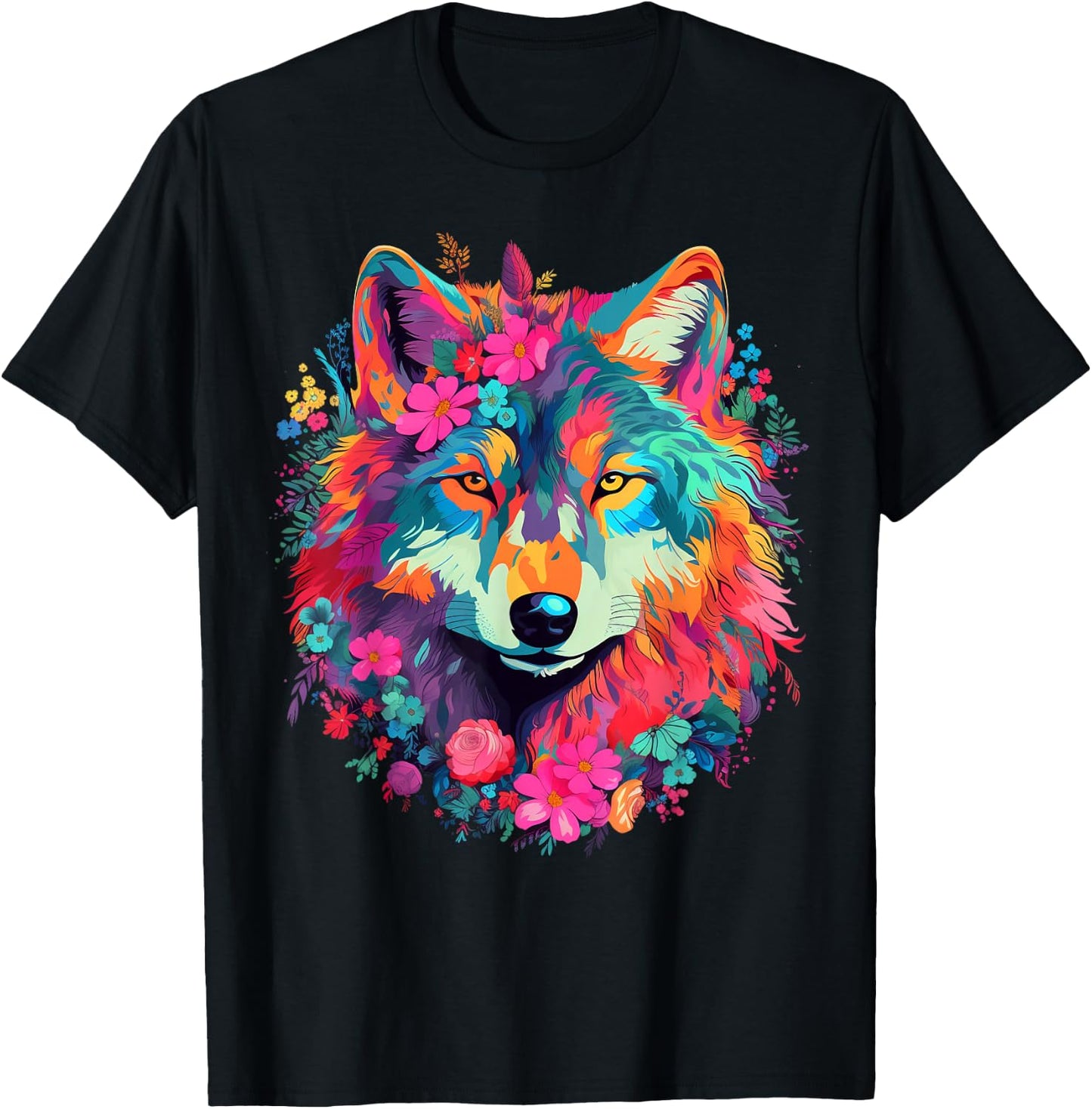 Cute Flower Wolf on summer Floral Wolf Men Women Kids T-Shirt - T-Shirt | Black