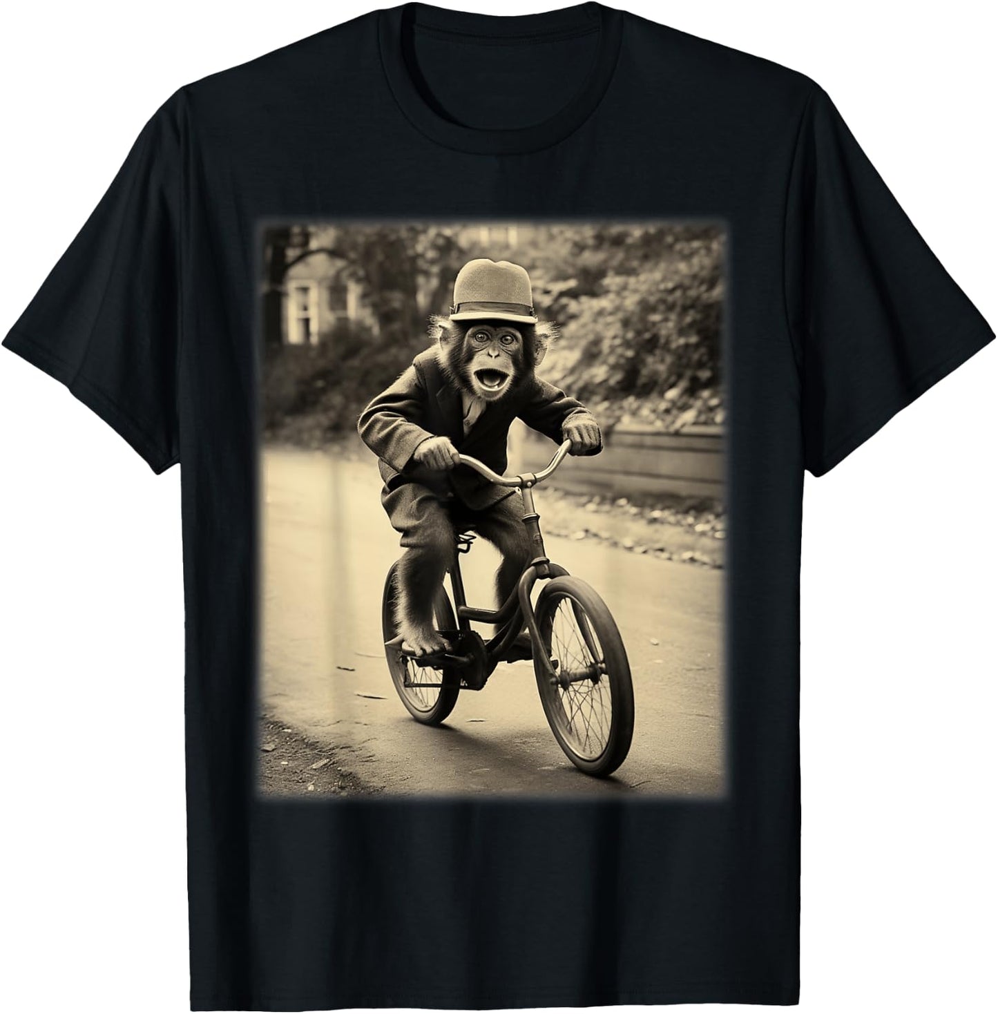 Funny Cute Monkey Chimp Riding Vintage Bicycle Men Woman T-Shirt - T-Shirt | Black