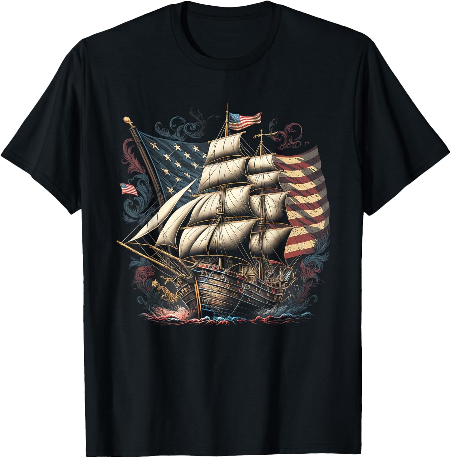 Pirate 4th of July American Flag USA America Funny Ship Boat T-Shirt - T-Shirt | Black